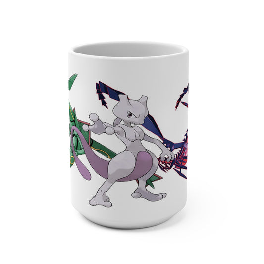 White ceramic Pokémon mug with Mewtwo centered in front of green Rayquaza and red-and-navy Eternatus artwork.