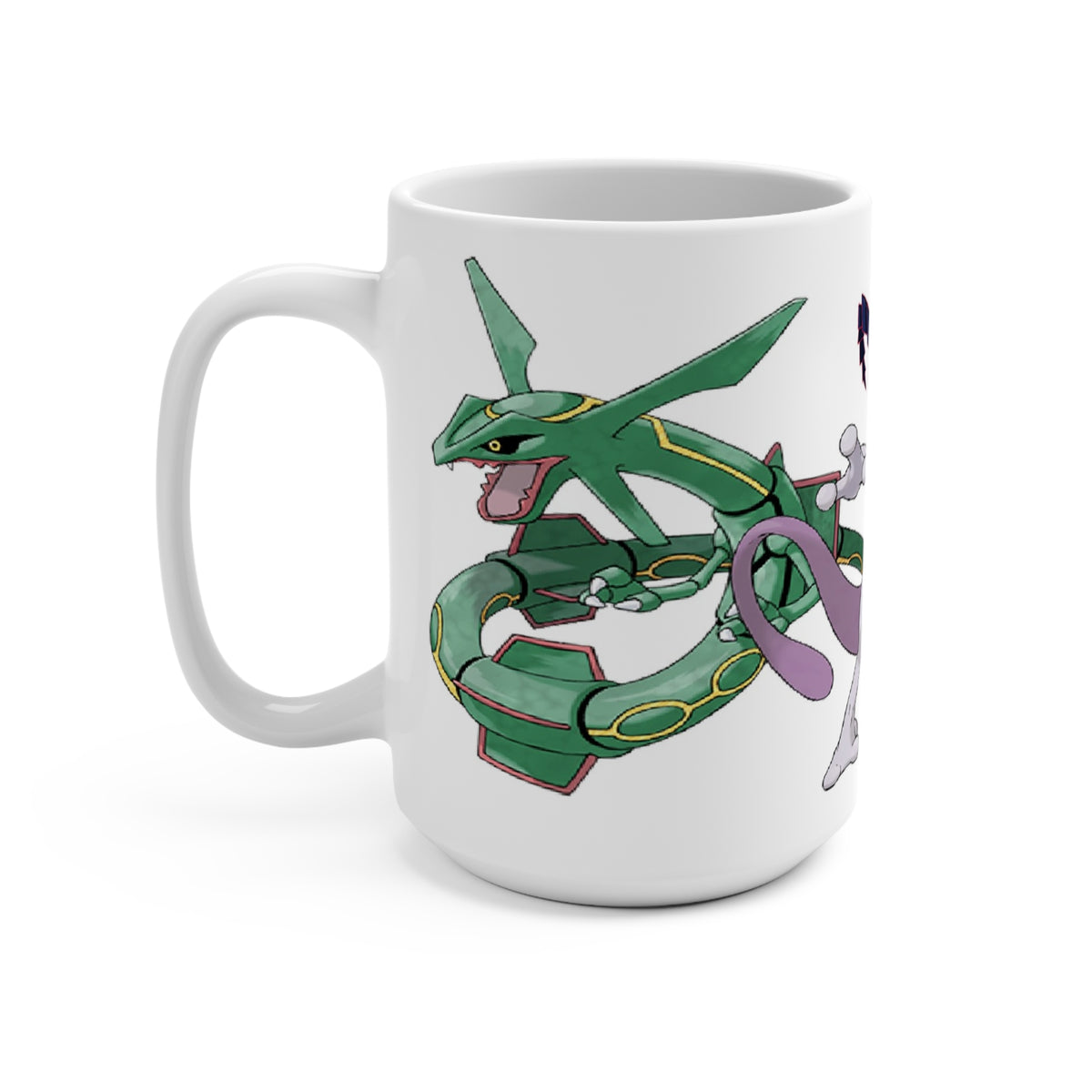 Left handle view of Pokémon mug showing green Rayquaza with yellow markings beside Mewtwo’s purple tail.
