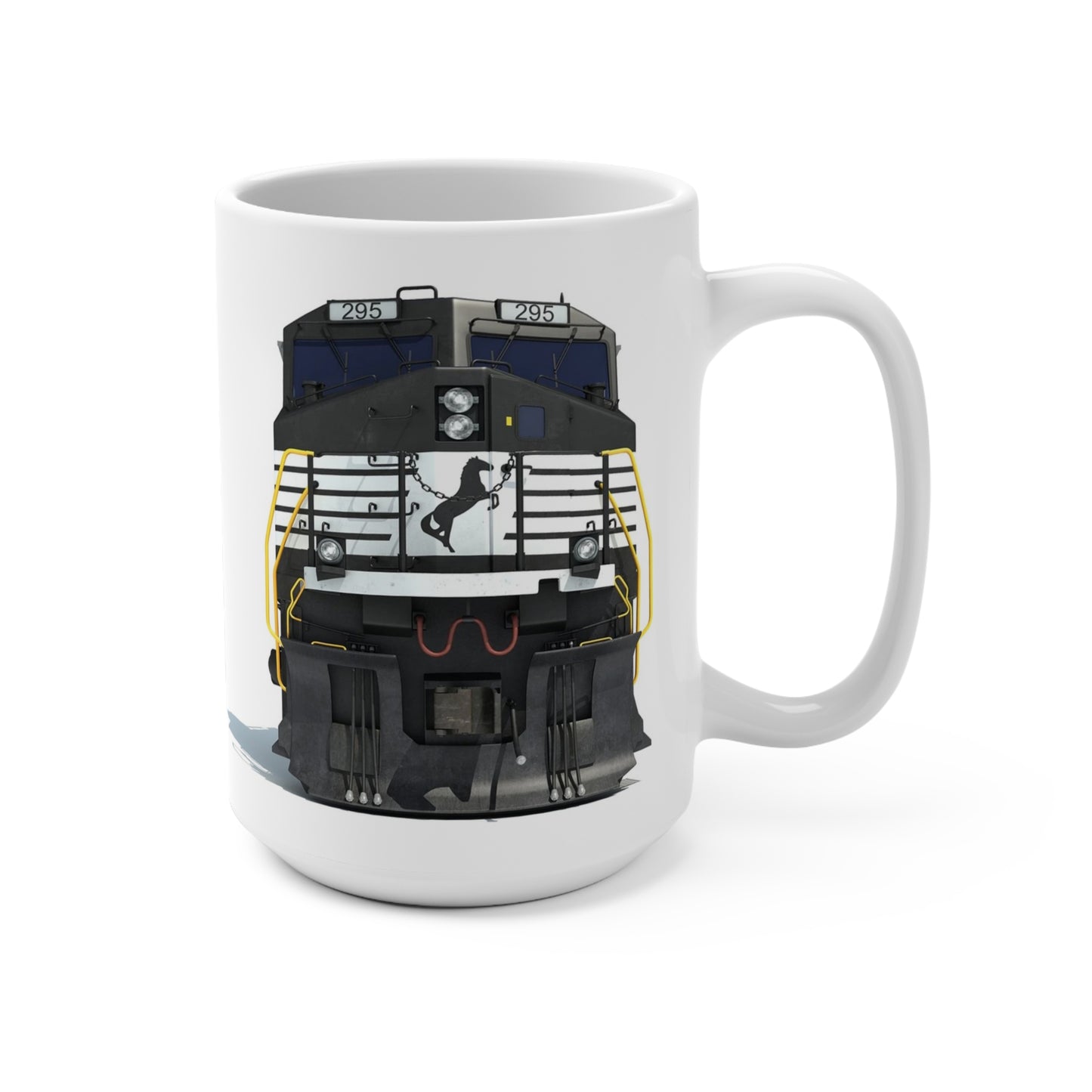 15 oz white ceramic coffee mug featuring a detailed front view of a black Norfolk Southern diesel locomotive with the horse logo and yellow handrails.