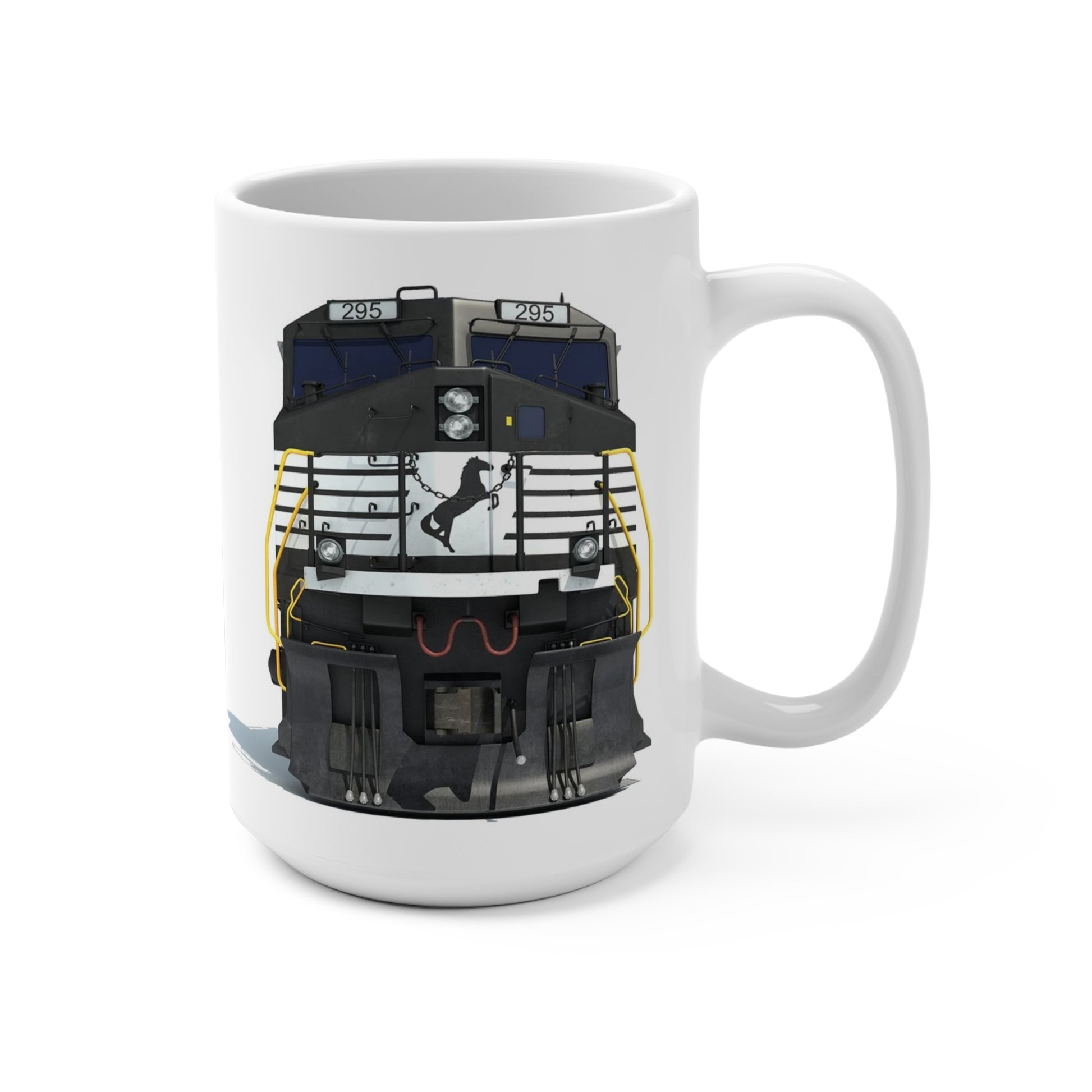 15 oz white ceramic coffee mug featuring a detailed front view of a black Norfolk Southern diesel locomotive with the horse logo and yellow handrails.