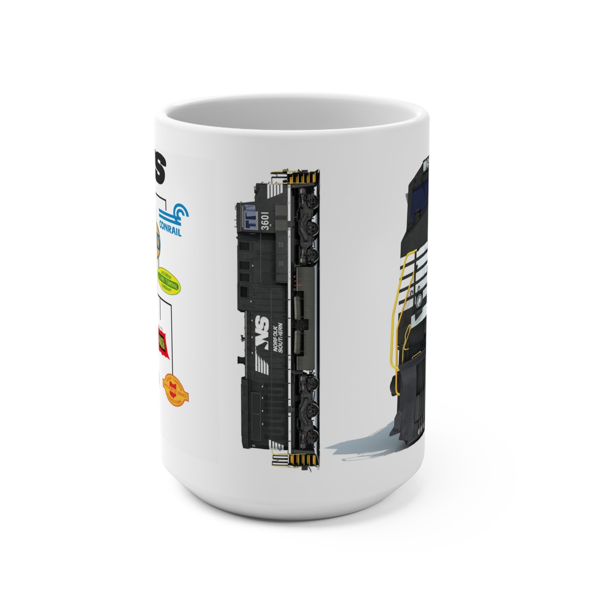Norfolk Southern heritage coffee mug showing a side view of a black NS locomotive and a family tree of colorful predecessor railroad logos on a white background.