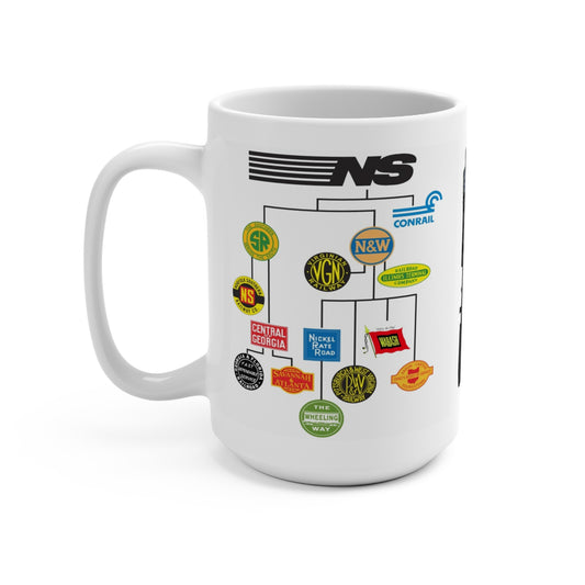 White 15 oz coffee mug with the Norfolk Southern logo and a heritage chart of Southern Railway, N&W, Virginian, Wabash, Nickel Plate Road and other predecessor railroad emblems.