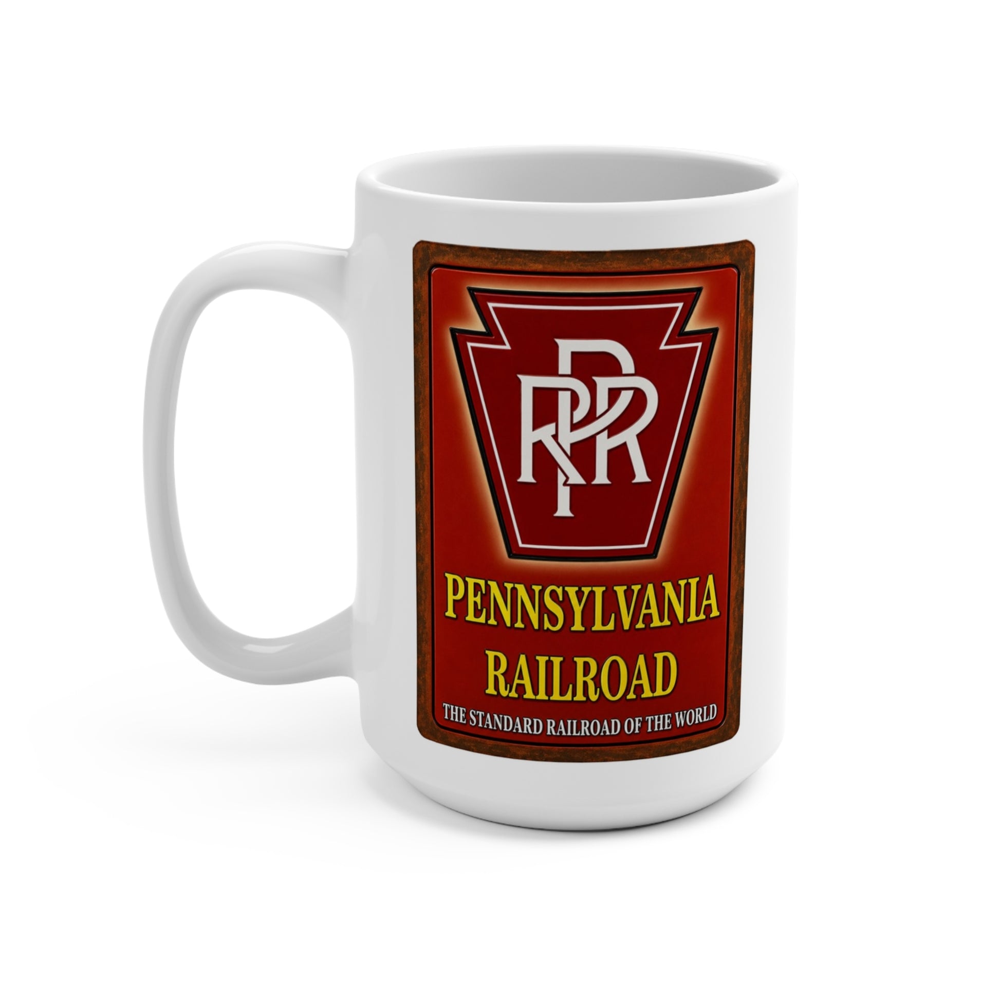 PRR railroad collector mug with The Standard Railroad of the World design