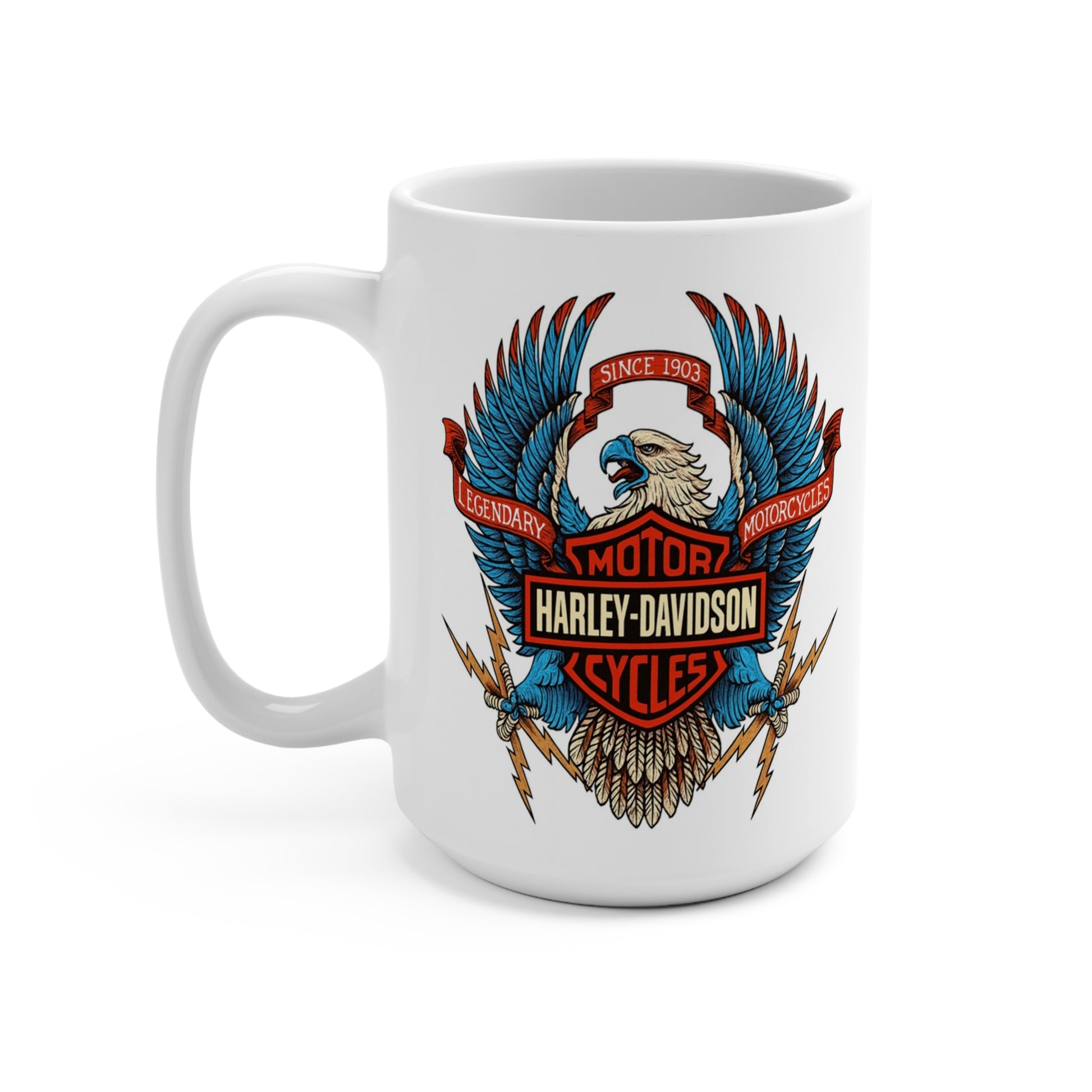 Patriotic eagle biker emblem 15 oz coffee mug by MugsArtStore, legendary motorcycle rider gift cup for bikers, veterans, and freedom lovers.