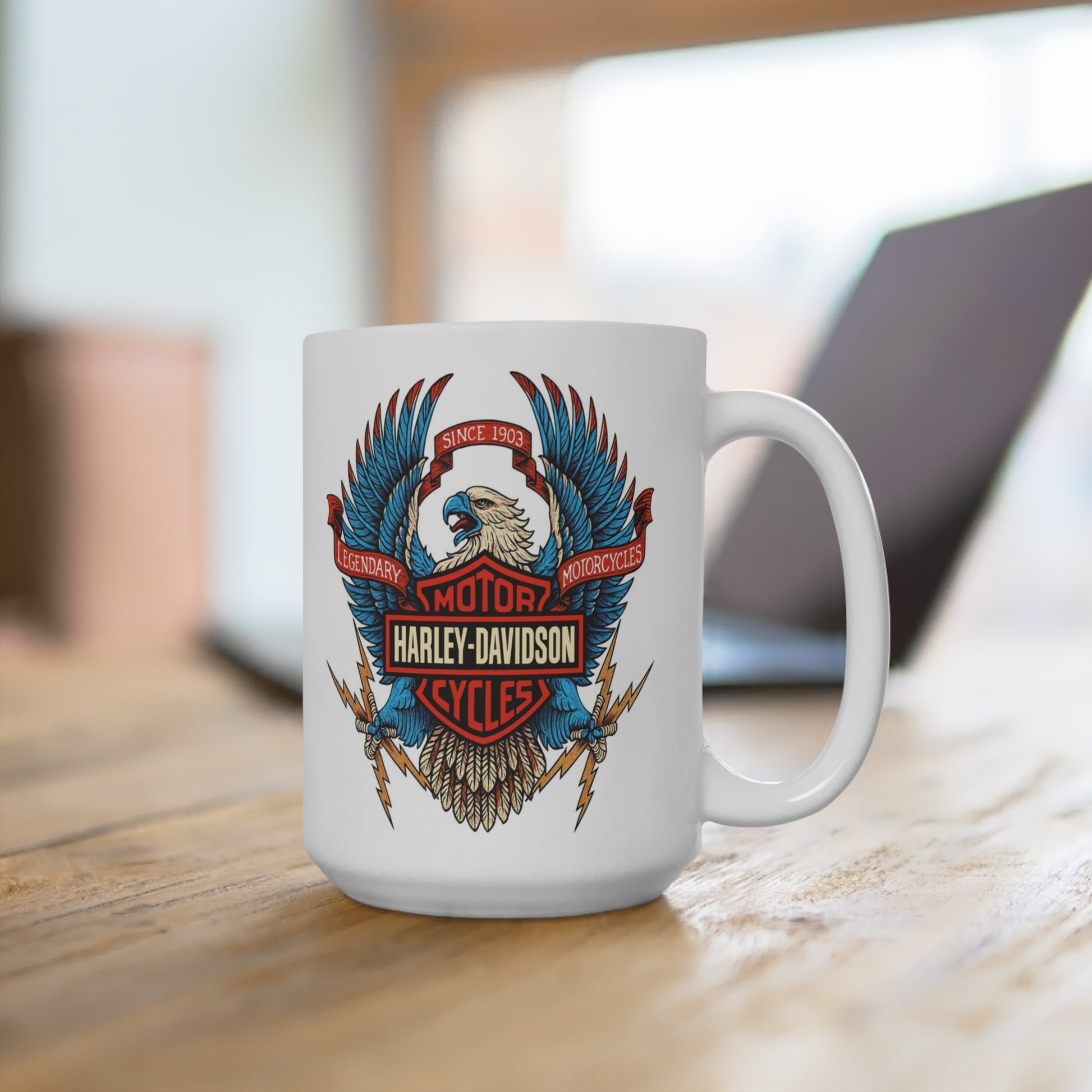 Harley Davidson mug with eagle design on a wooden surface