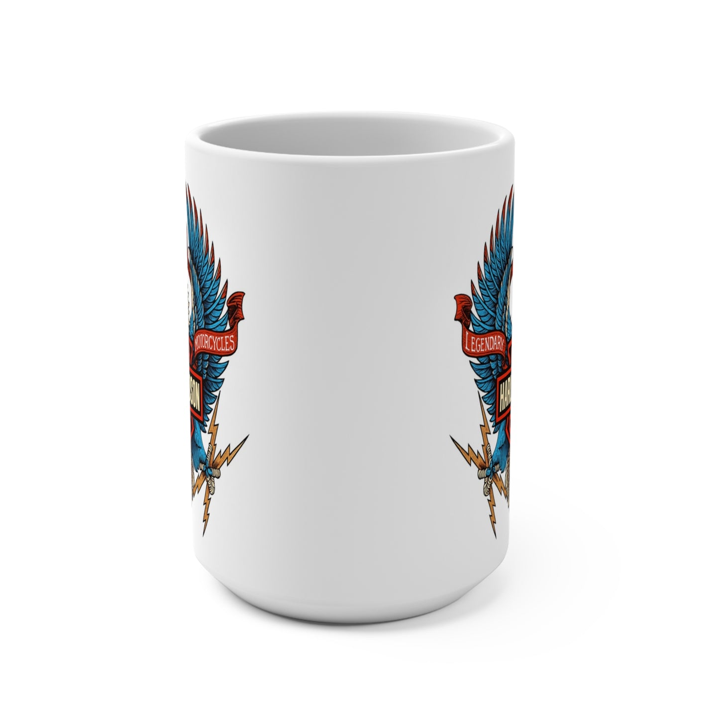 White mug with blue and red eagle design on a white background