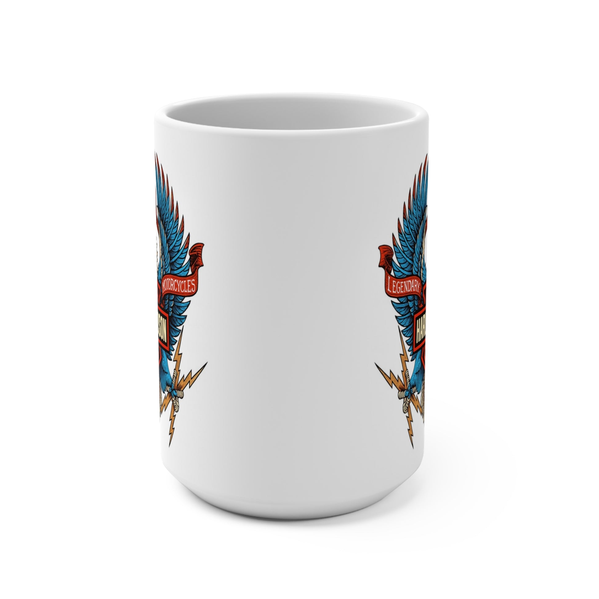 White mug with blue and red eagle design on a white background