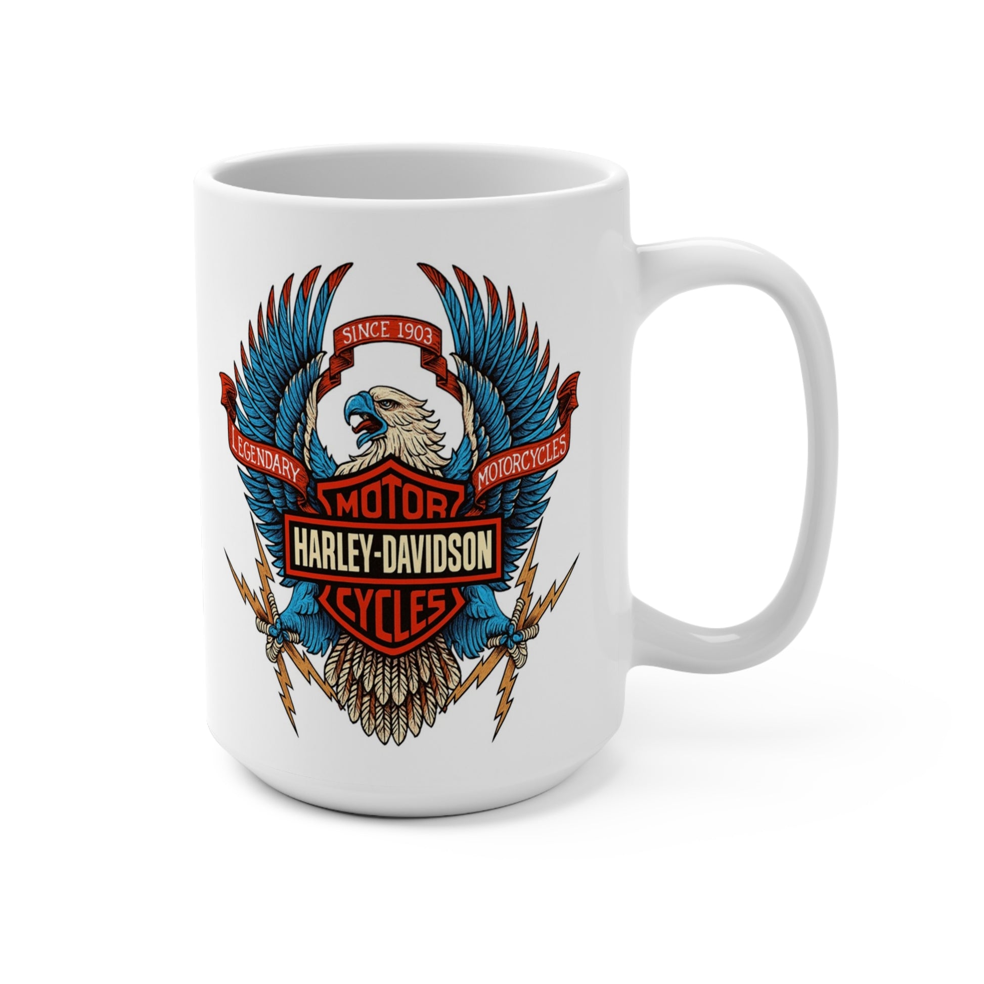 Patriotic eagle biker emblem 15 oz coffee mug by MugsArtStore, legendary motorcycle rider gift cup for bikers, veterans, and freedom lovers.