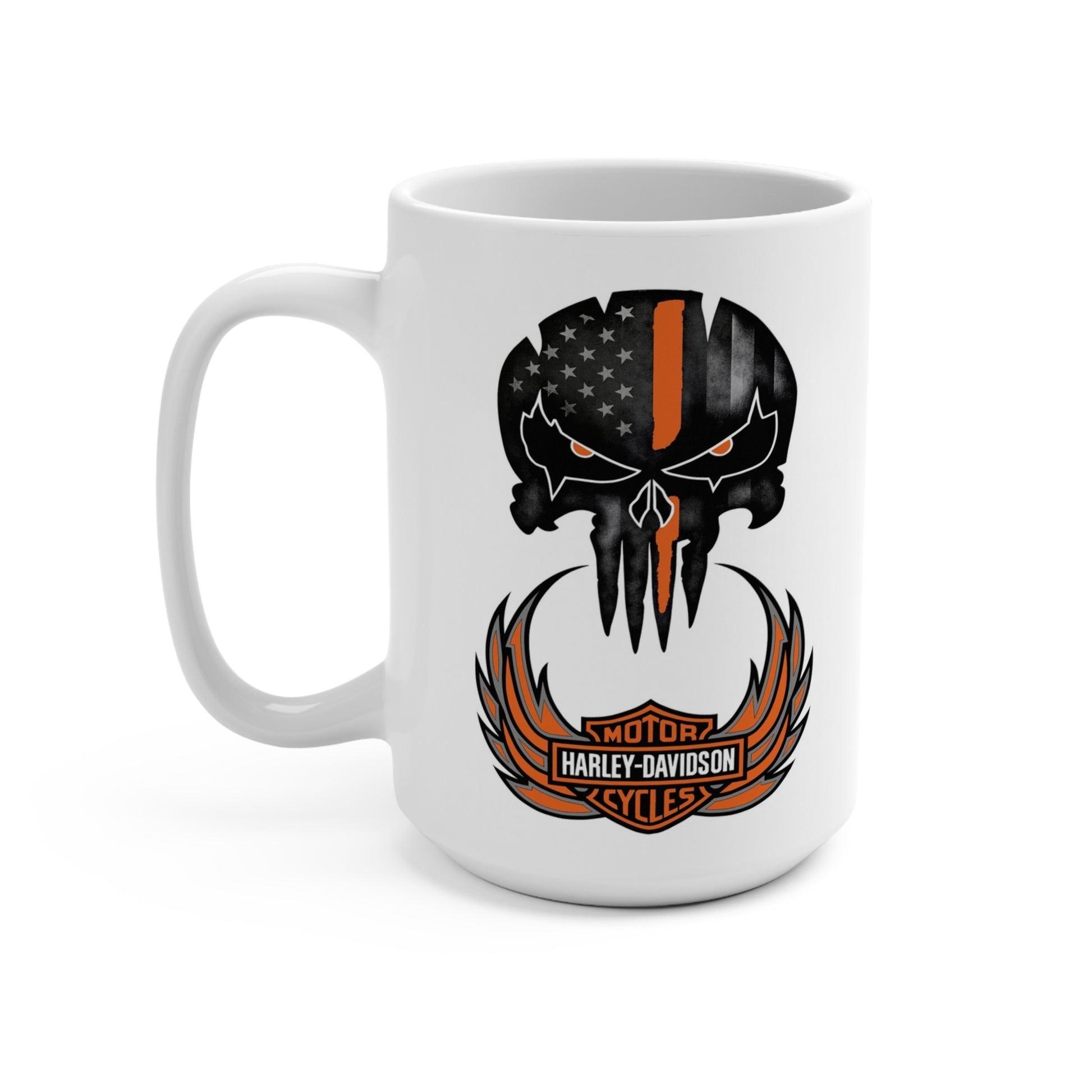 White mug with Harley-Davidson logo featuring a skull and American flag design on a white background