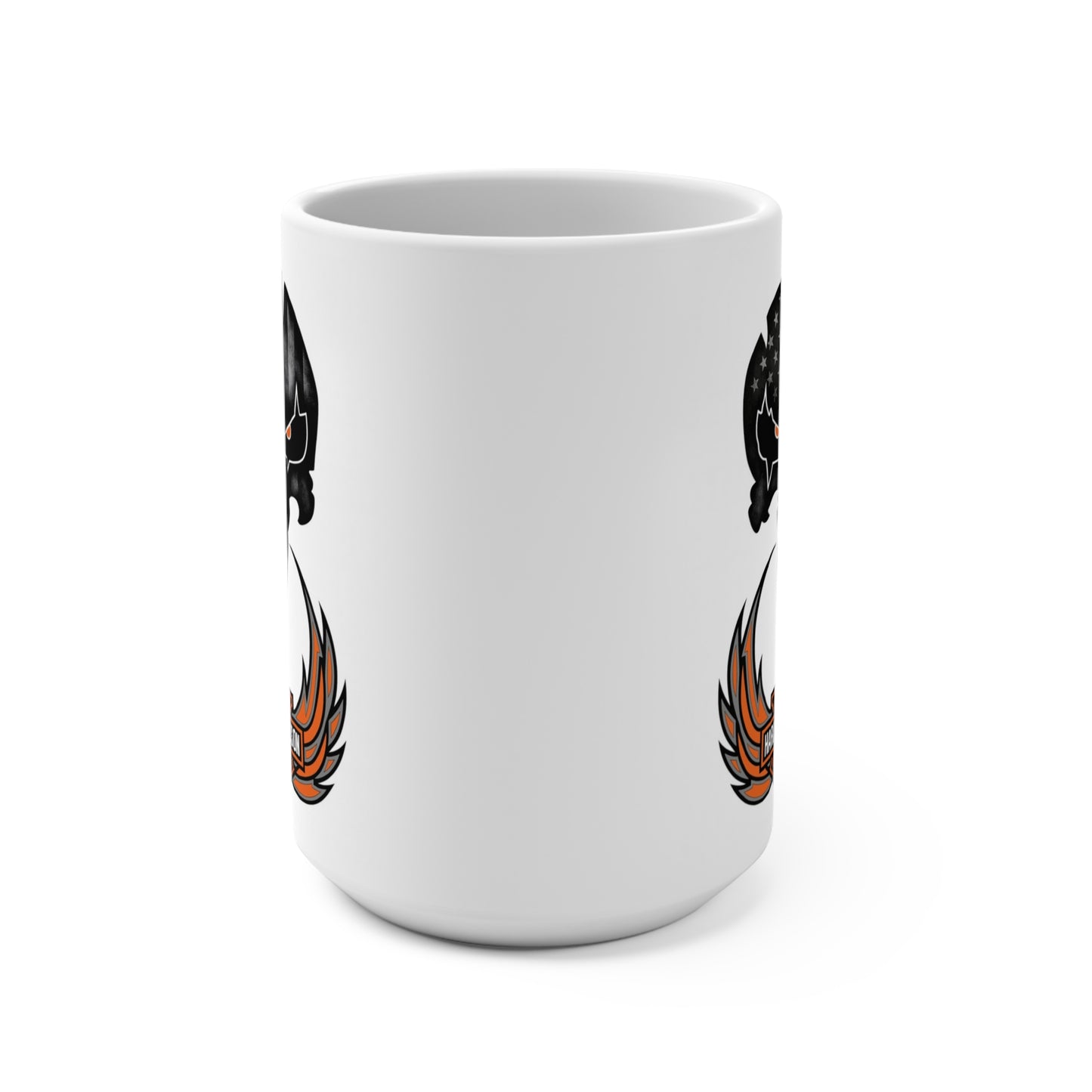 White mug with black and orange designs on a white background