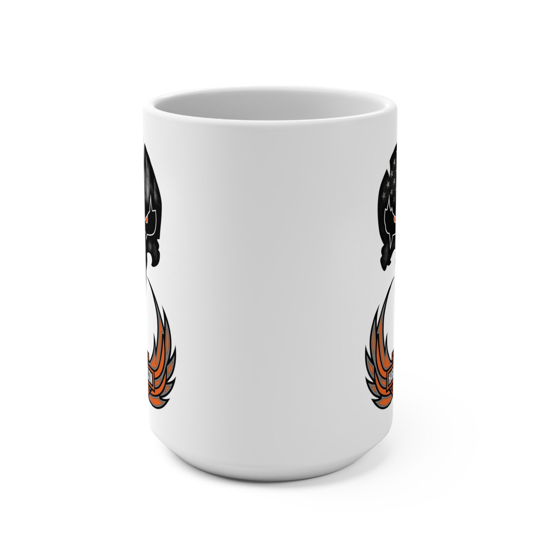 White mug with black and orange designs on a white background