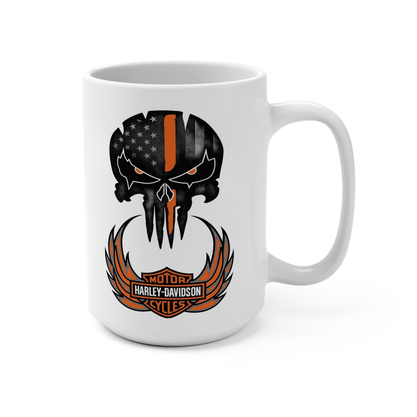 White mug with Harley-Davidson logo featuring a skull and American flag design on a white background