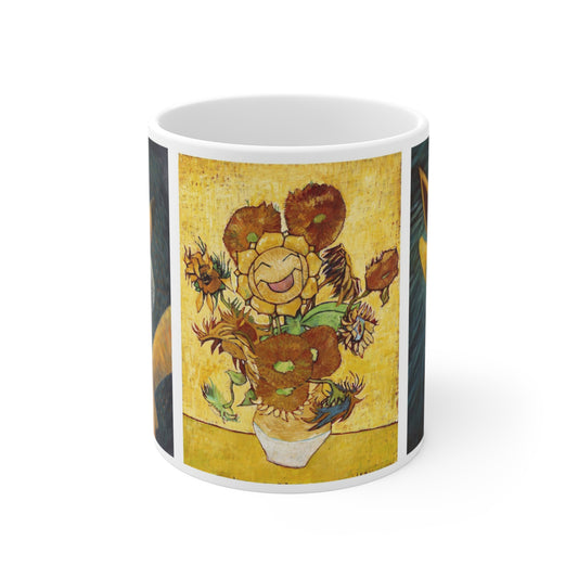 White ceramic mug featuring smiling Sunflora among sunflowers in a vase against a golden yellow background.