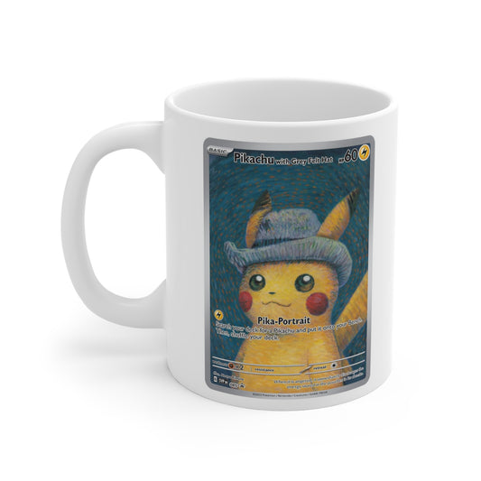 Left handle view of mug featuring Pikachu with Grey Felt Hat card artwork against a textured teal background.