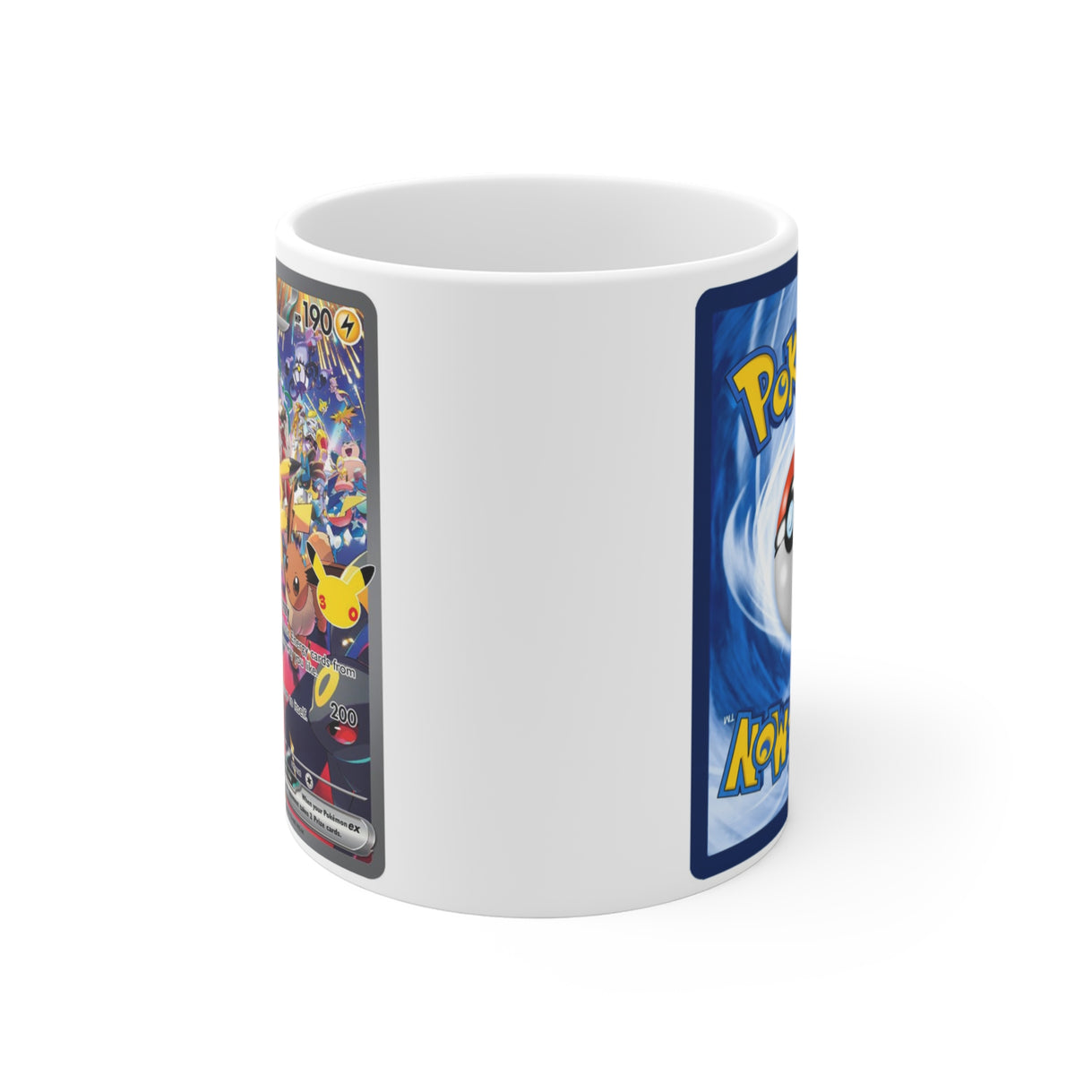 Side view of white Pikachu ex mug showing the space between celebration card artwork and the blue Pokémon card-back design.
