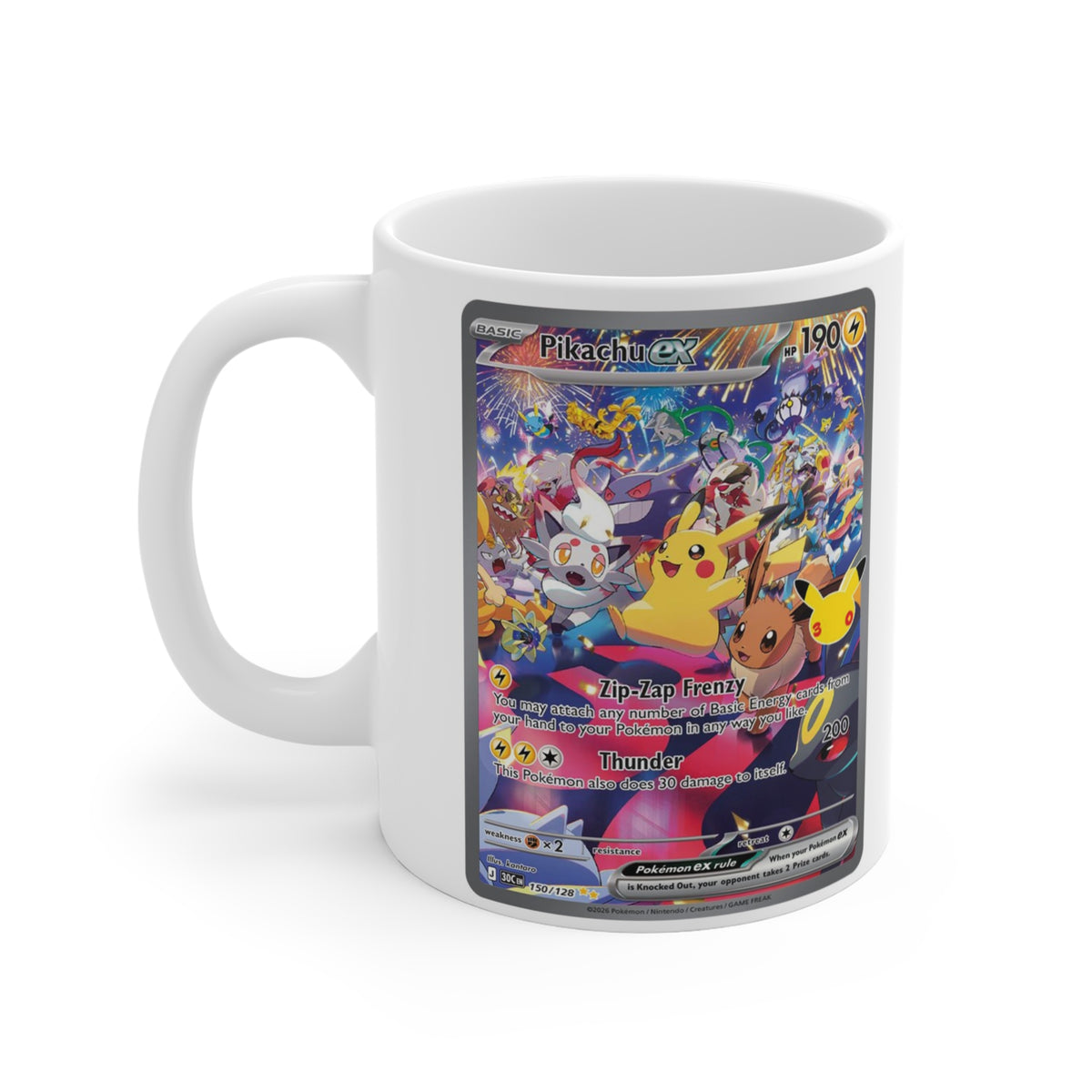 Left handle view of Pikachu ex mug featuring Pikachu, Eevee, Gengar, and fireworks within a gray-bordered card design.