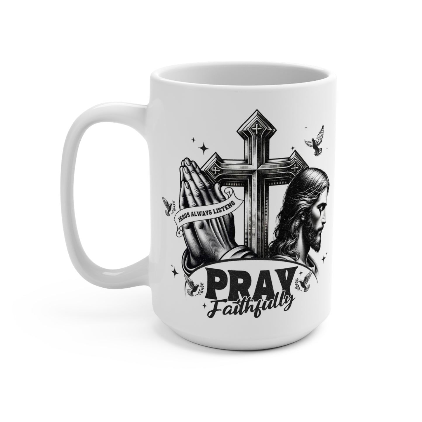 “Christian prayer mug 15 oz with Jesus portrait, cross, praying hands, and dove accents on white background”