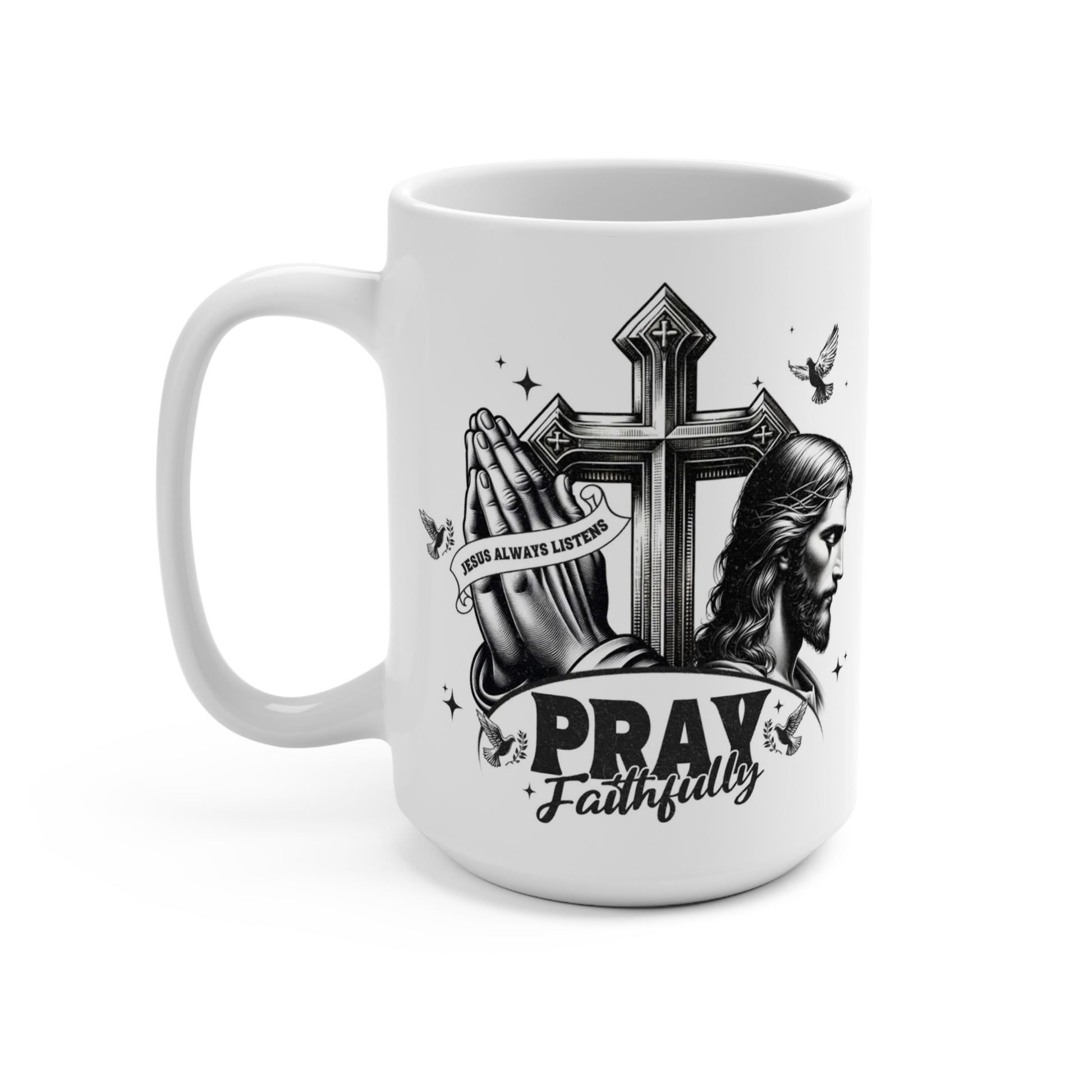 “Christian prayer mug 15 oz with Jesus portrait, cross, praying hands, and dove accents on white background”
