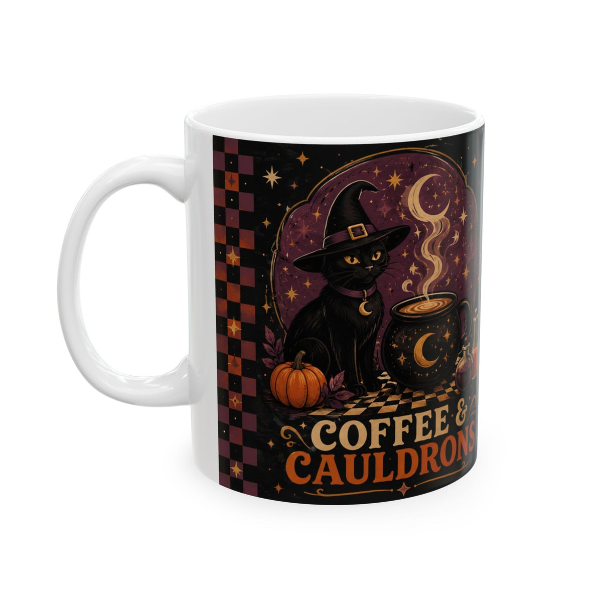 Coffee & Cauldrons black cat mug with an orange backdrop, steaming cauldron, potion bottles, and white handle.