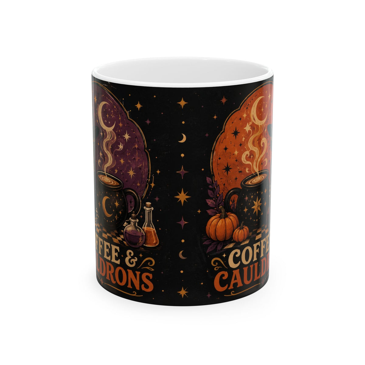 White ceramic Halloween mug with a black cat wearing a witch hat, purple backdrop, pumpkin, and Coffee & Cauldrons lettering.
