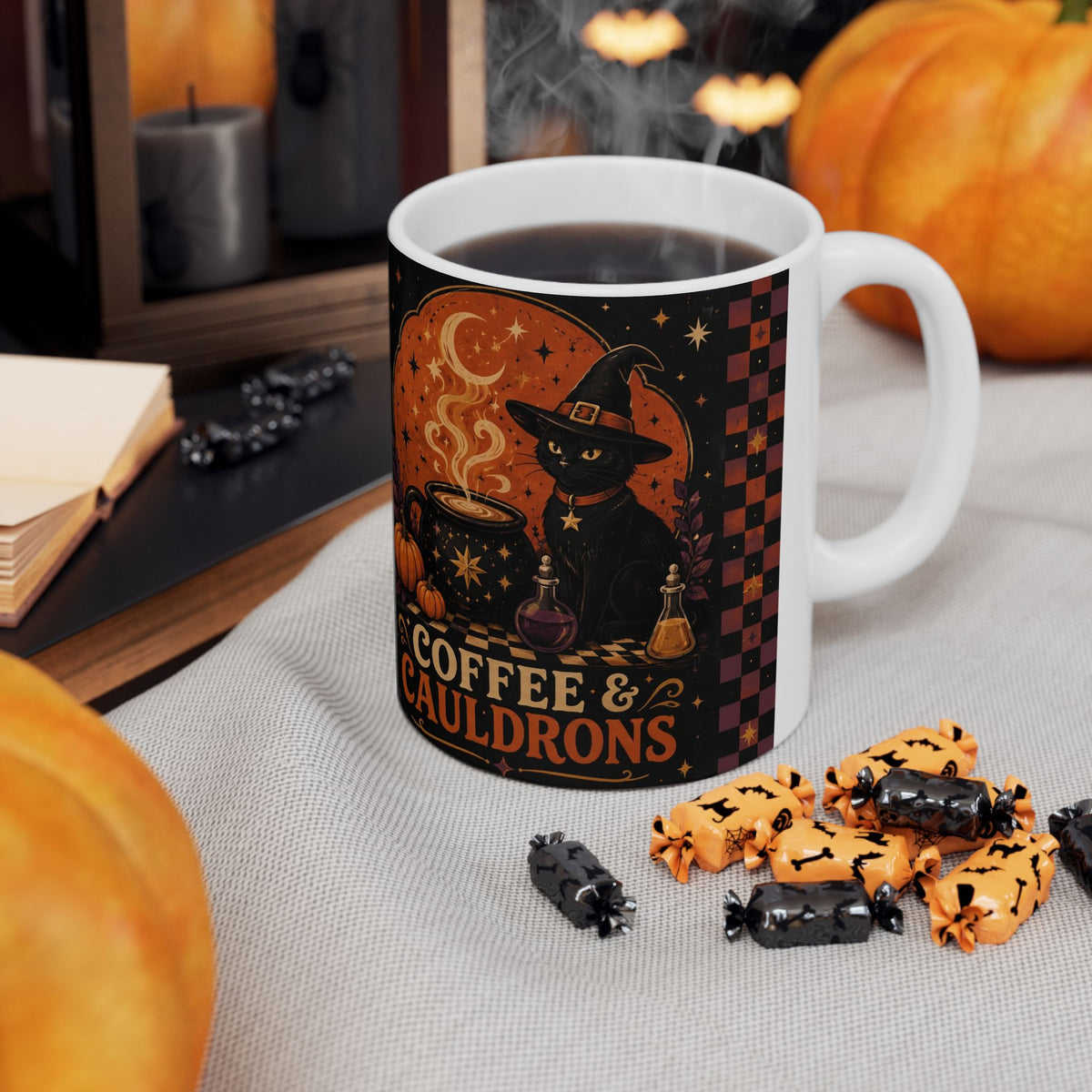 Coffee & Cauldrons mug showing wraparound Halloween artwork with crescent moons, stars, pumpkins, and potion bottles.
