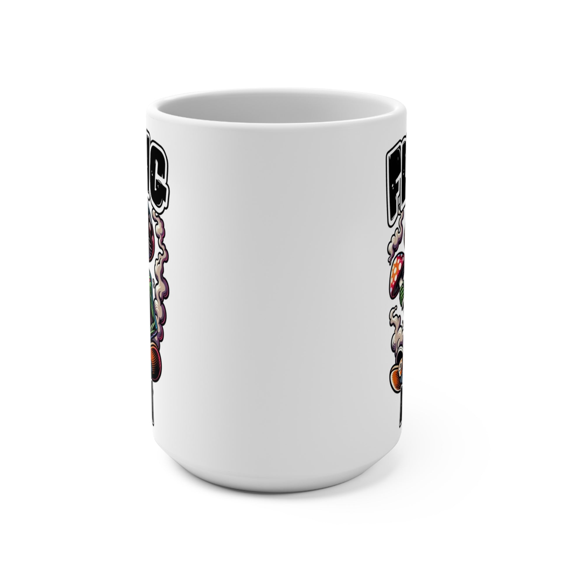 Colorful stoner art skeleton mushroom coffee cup design