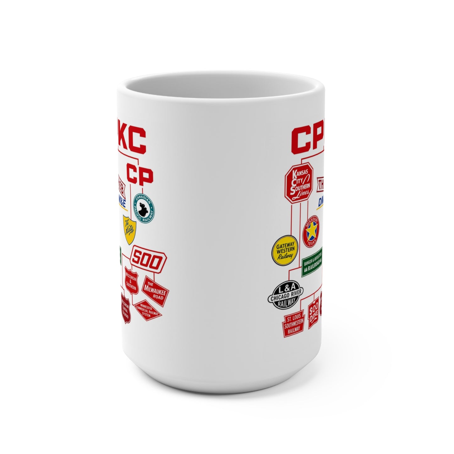 Railroad logo collage coffee mug for train lovers and railfans