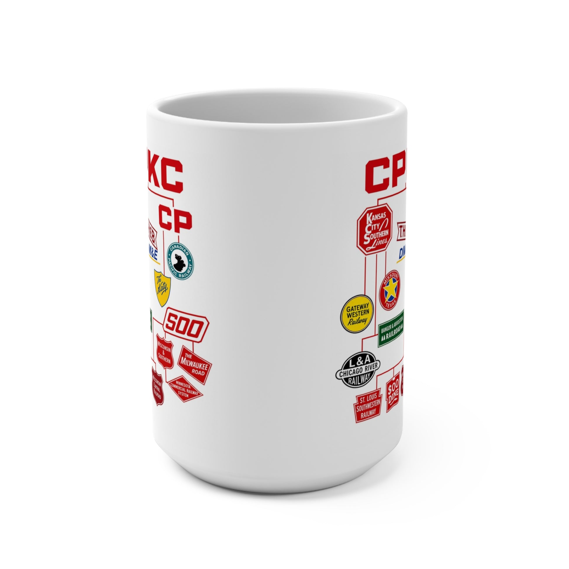 Railroad logo collage coffee mug for train lovers and railfans