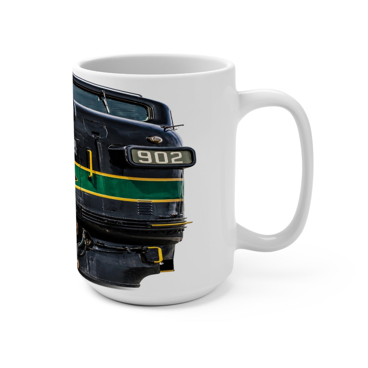 Railroad train coffee mug featuring black green and yellow Reading Lines 902 locomotive artwork