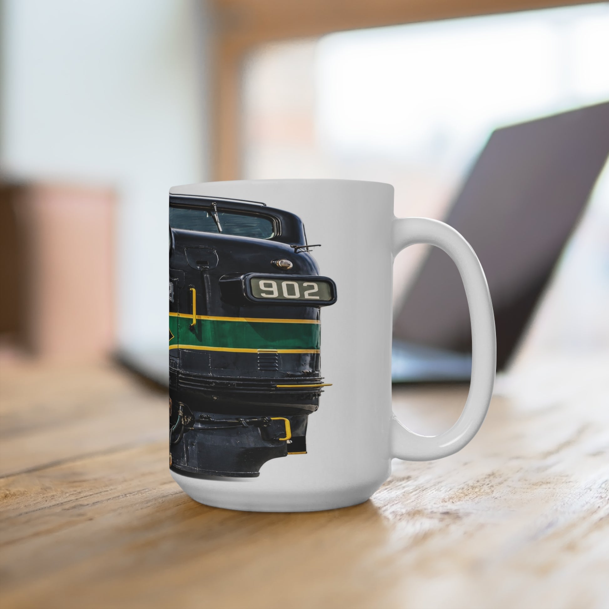 15oz ceramic coffee mug with classic Reading Lines 902 railroad locomotive design on white background