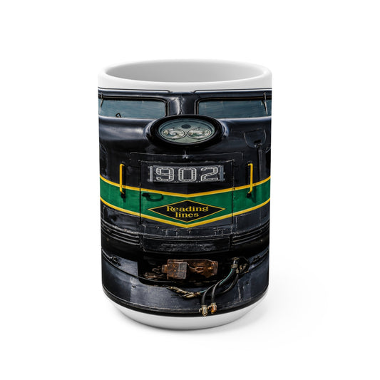 Reading Lines 902 vintage locomotive front design on 15oz white ceramic coffee mug