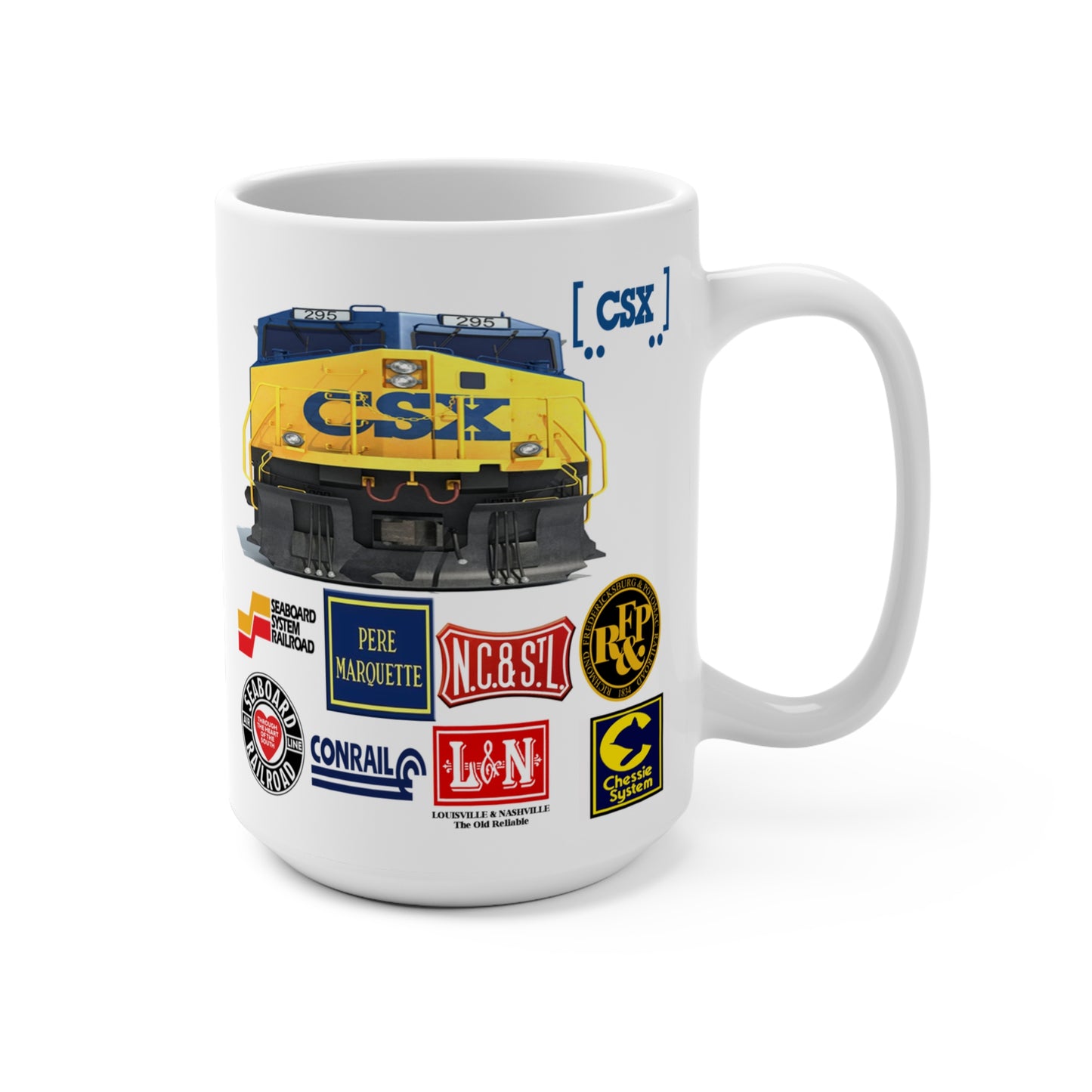 A white ceramic coffee mug with retro CSX and other railroad logos printed on it, featuring a vintage design.