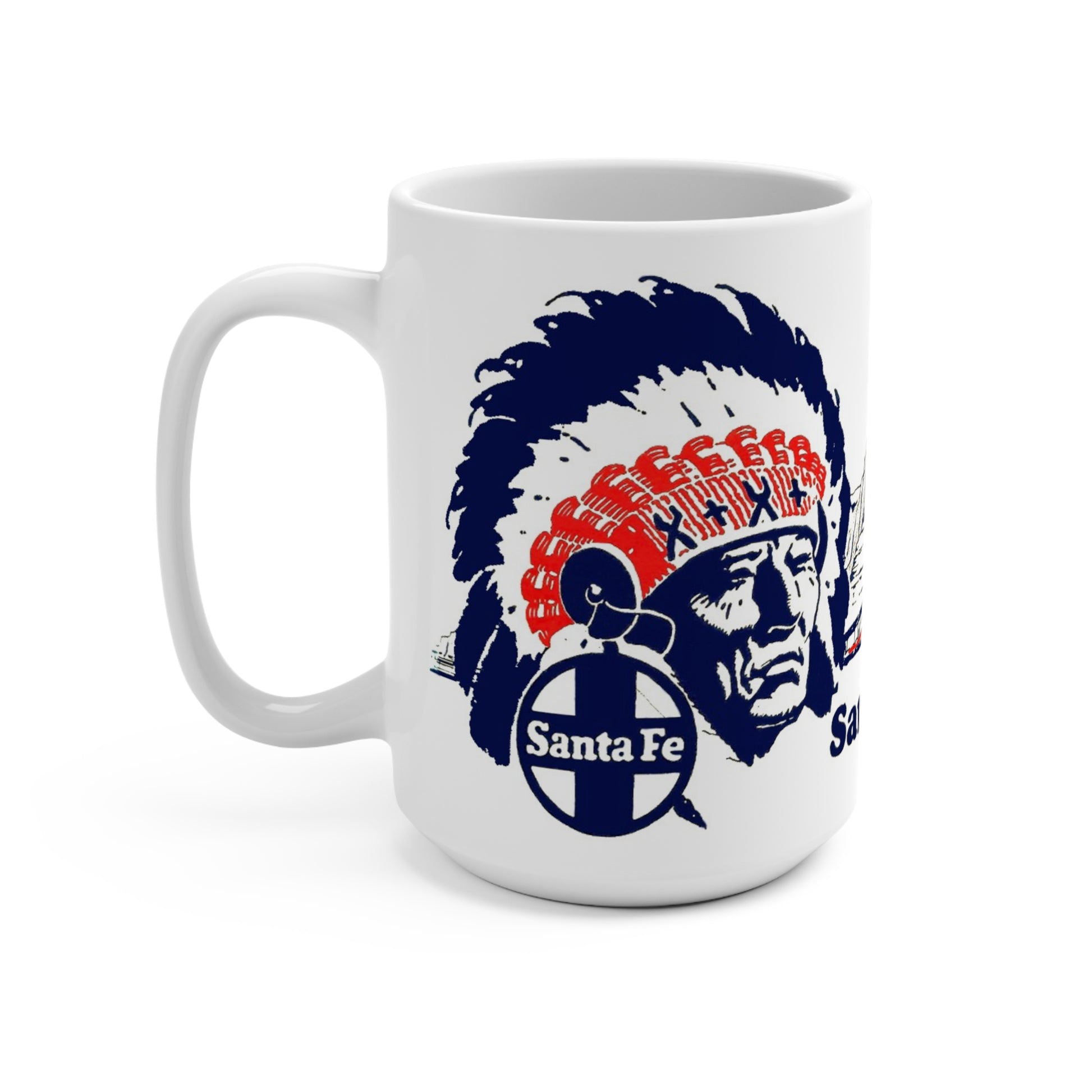 White mug with a graphic design of a face with a headdress and 'Santa Fe' logo on a white background