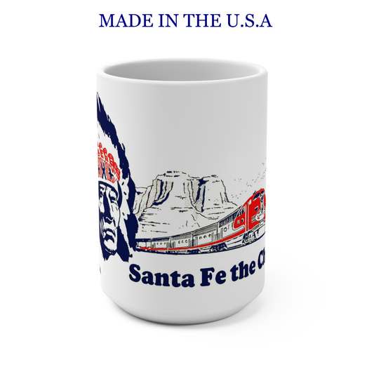 Santa Fe Chief Train Coffee Mug – 15 oz Ceramic Cup with Vintage Railroad Logo & Locomotive Design