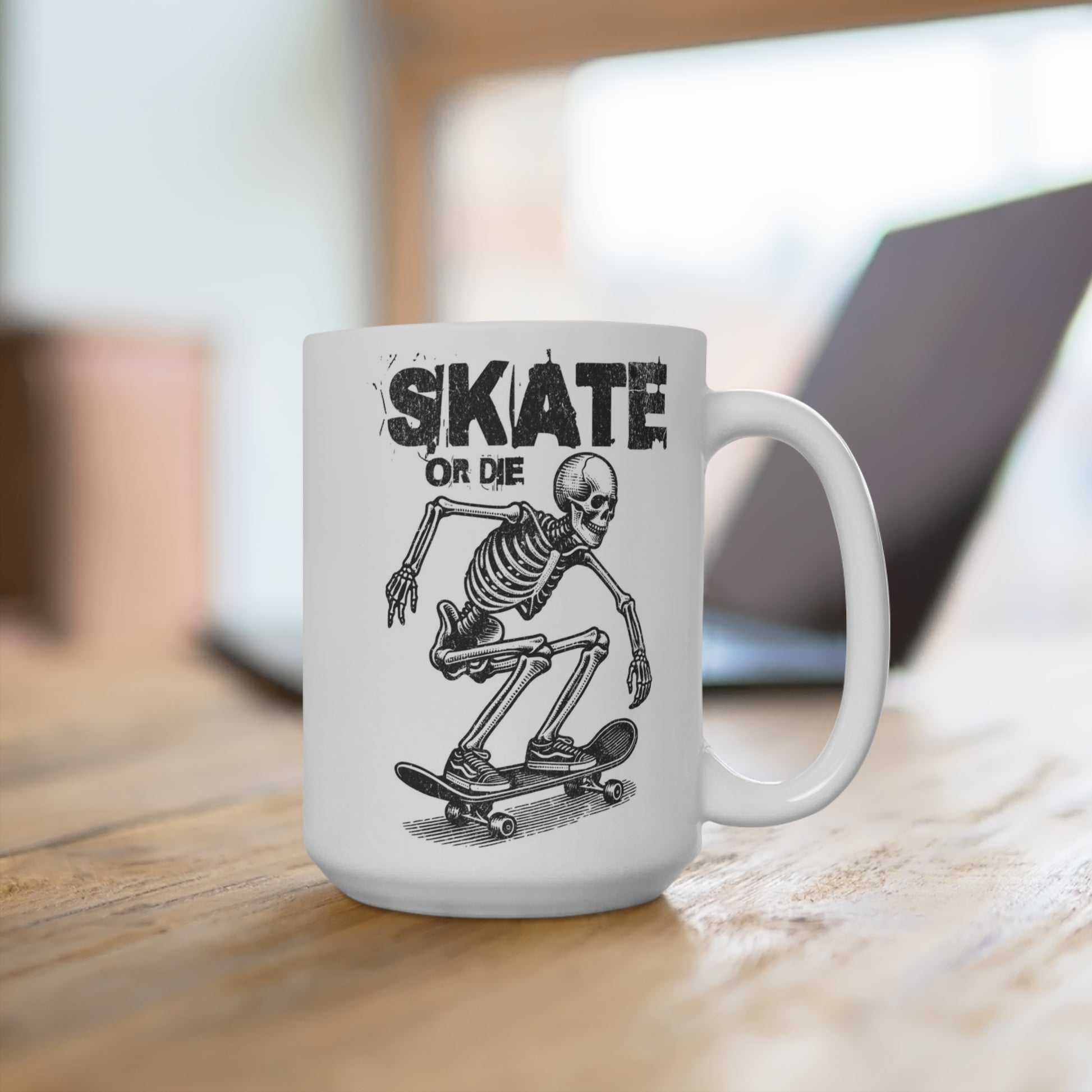 Skater skeleton mug with distressed skate or die typography