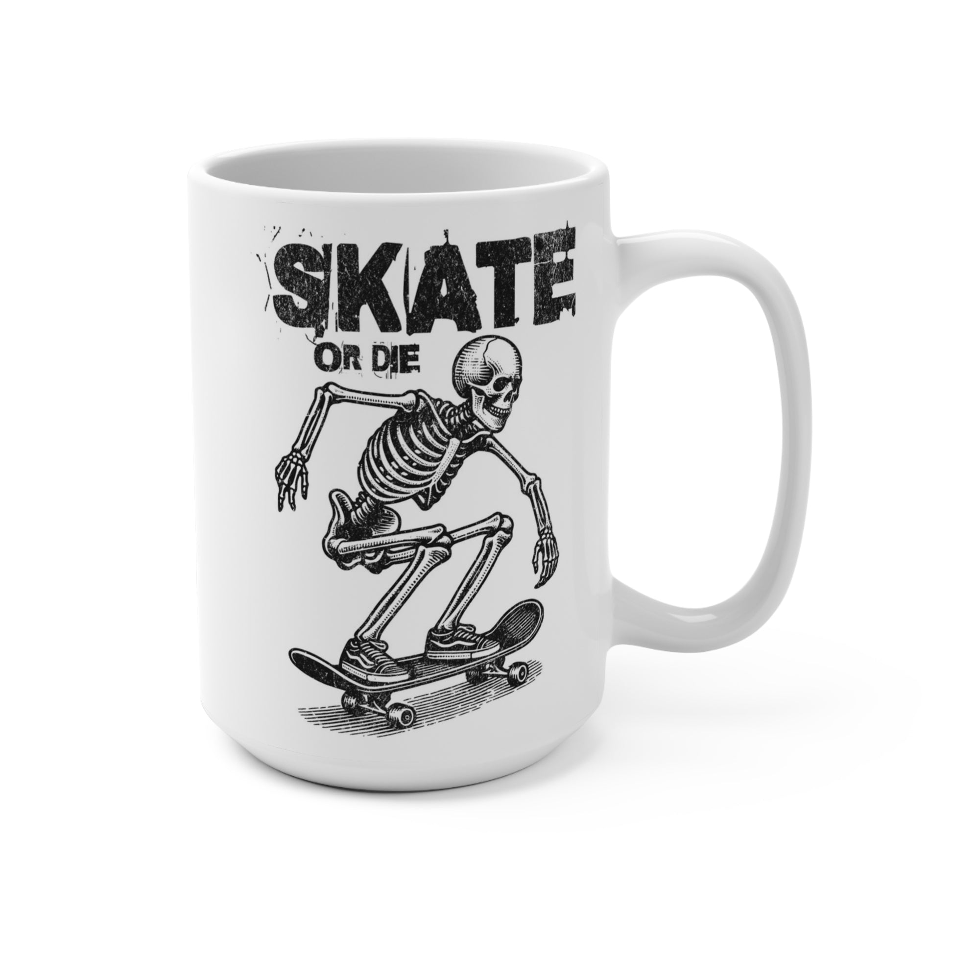 Skate or Die skeleton skateboard 15oz ceramic coffee mug front view
