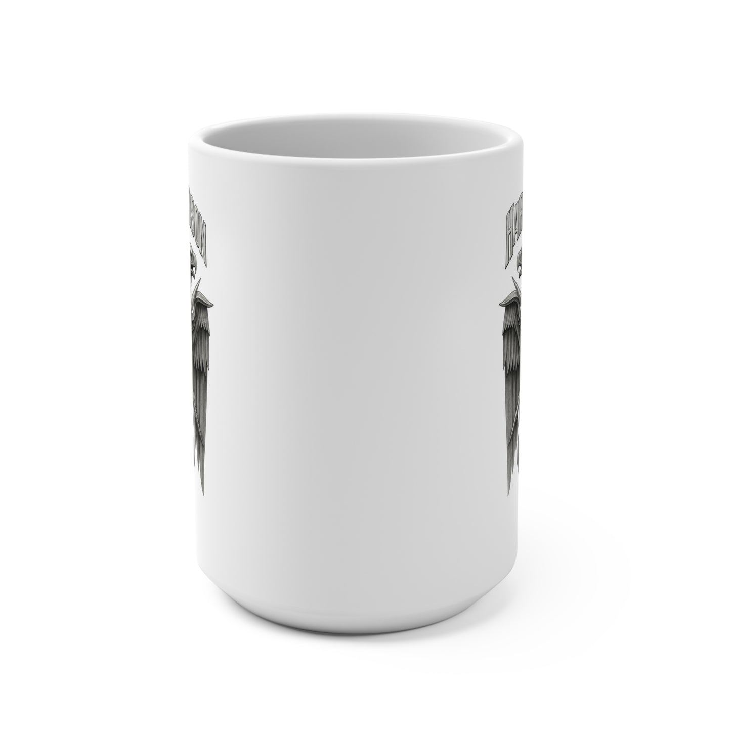 White mug with black text and design on a white background