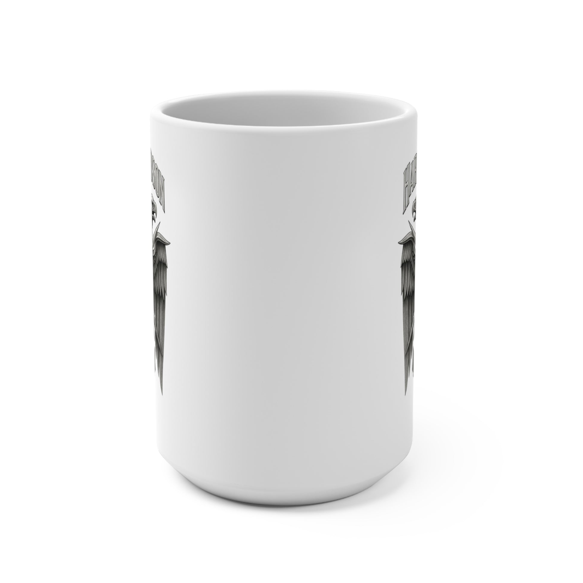 White mug with black text and design on a white background