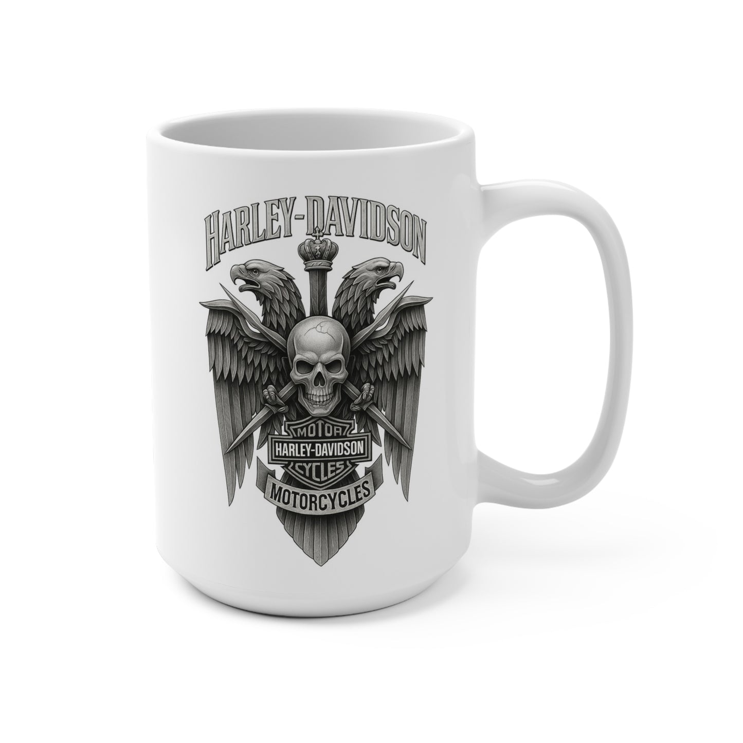 Harley-Davidson mug with skull and eagle design on a white background