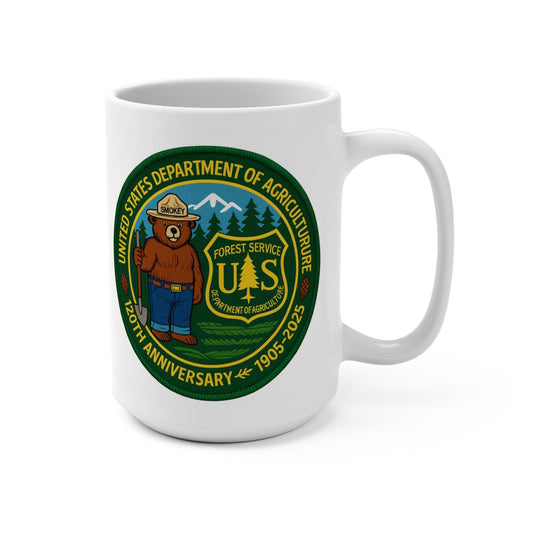 Smokey Bear 120th Anniversary 15 oz coffee mug by MugsArtStore, U.S. Forest Service 1905–2025 commemorative edition cup for park rangers, firefighters, and nature lovers.