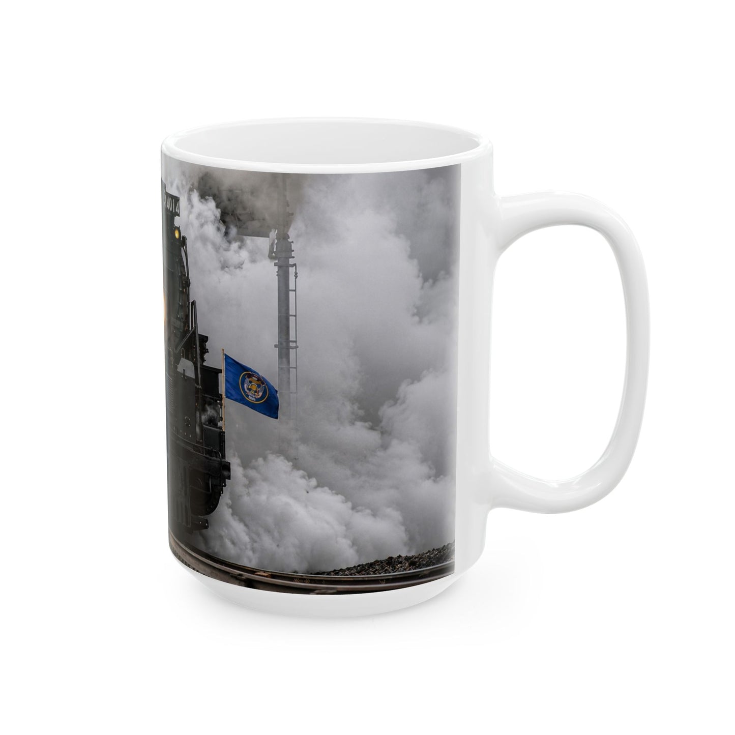 Steam locomotive coffee mug with railroad tracks, smoke, and train enthusiast design