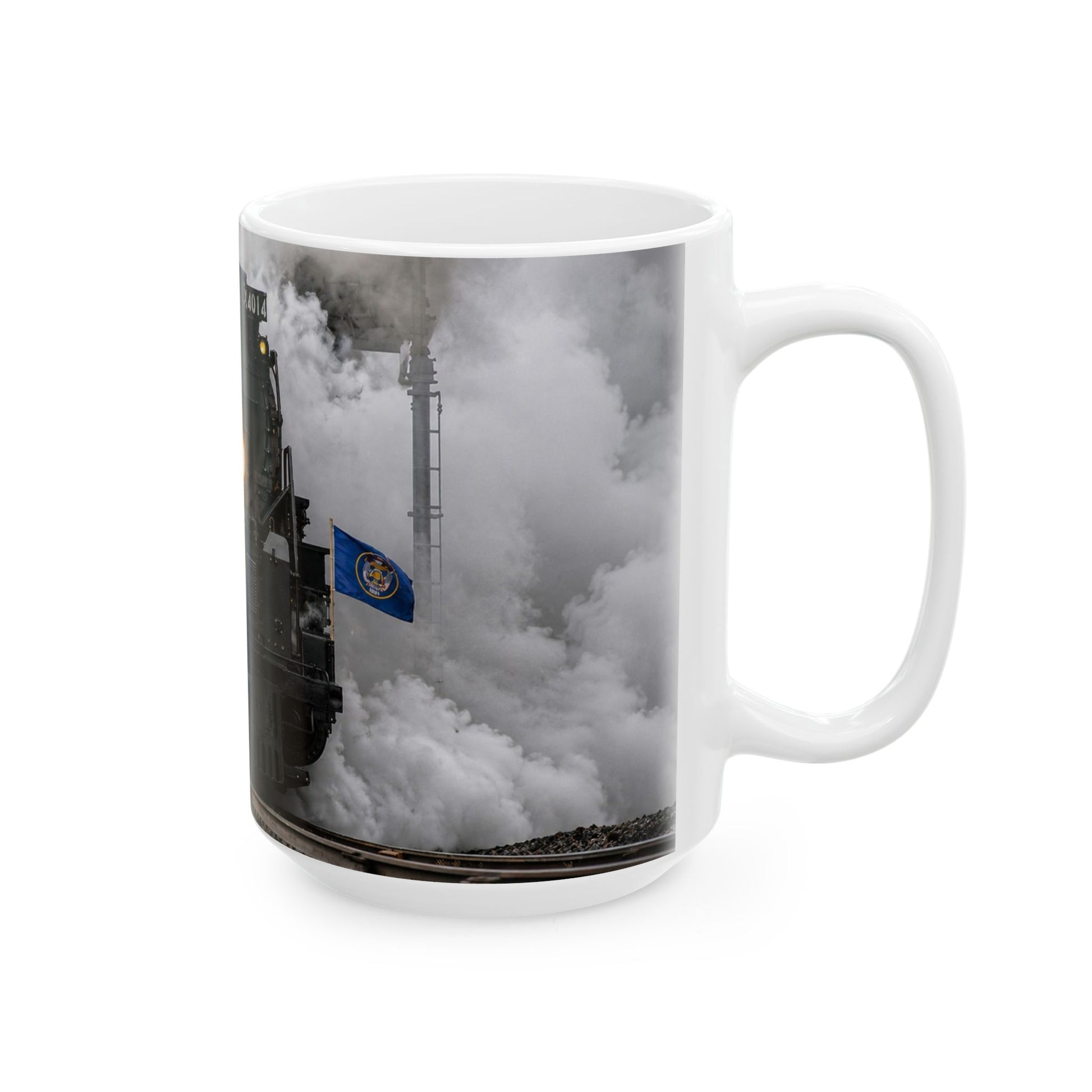 Steam locomotive coffee mug with railroad tracks, smoke, and train enthusiast design