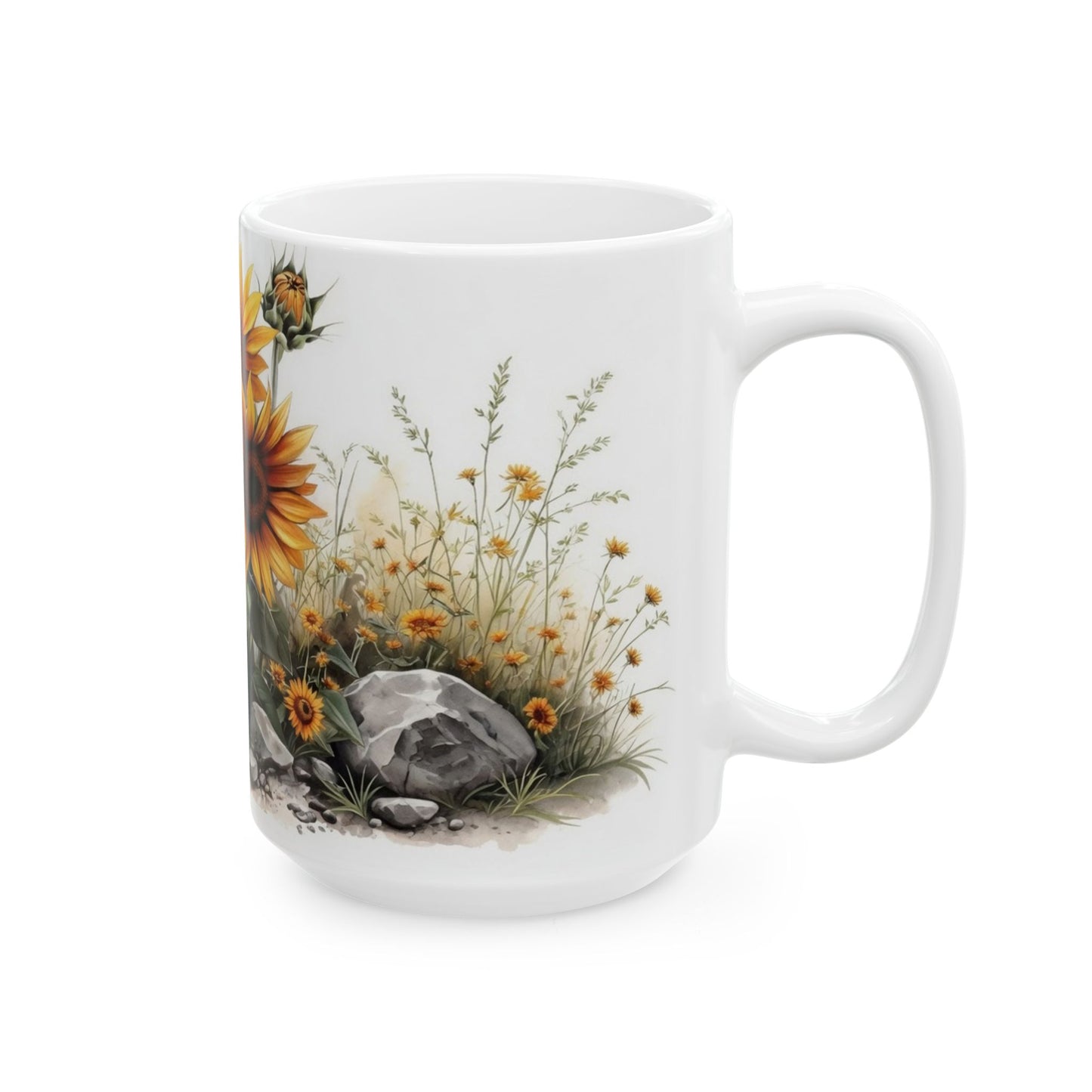 Sunflower floral nature mug with watercolor-style mountain meadow artwork on a 15 oz ceramic coffee cup