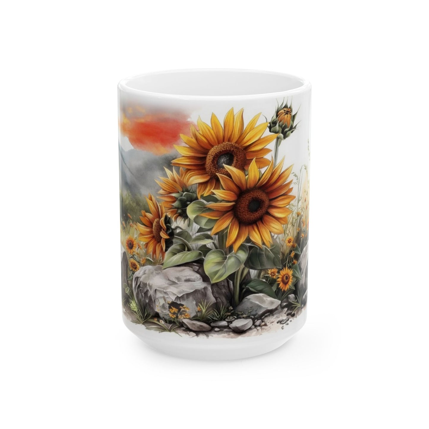 Sunflower mountain meadow 15 oz ceramic coffee mug with floral nature artwork and sunset sky