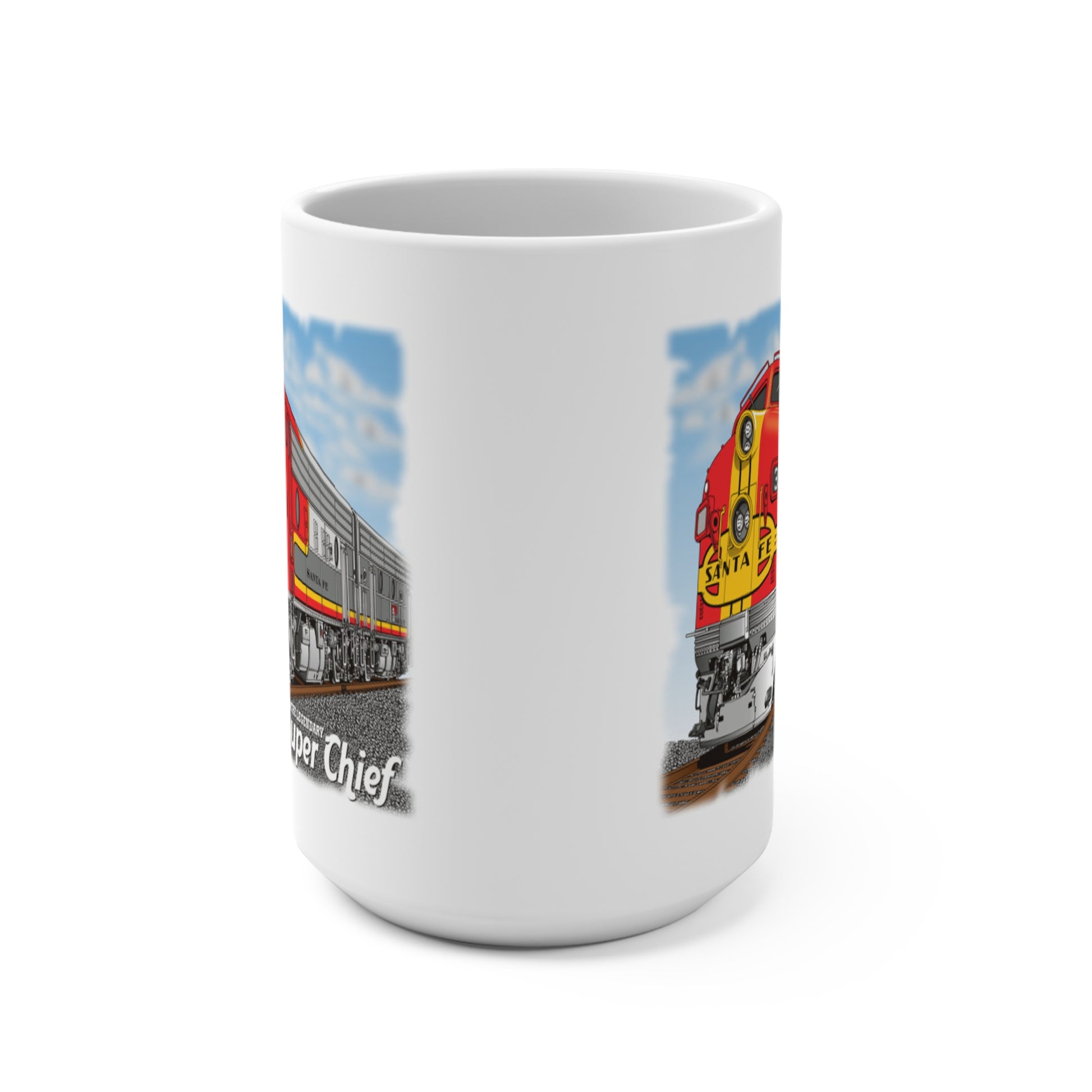 The Legendary Super Chief Railroad Mug 15 OZ. There's never too much coffee! A big size (15oz) white, durable ceramic mug. High quality sublimation printing makes it an appreciated gift to every true coffee or tea lover, who always asks for a refill