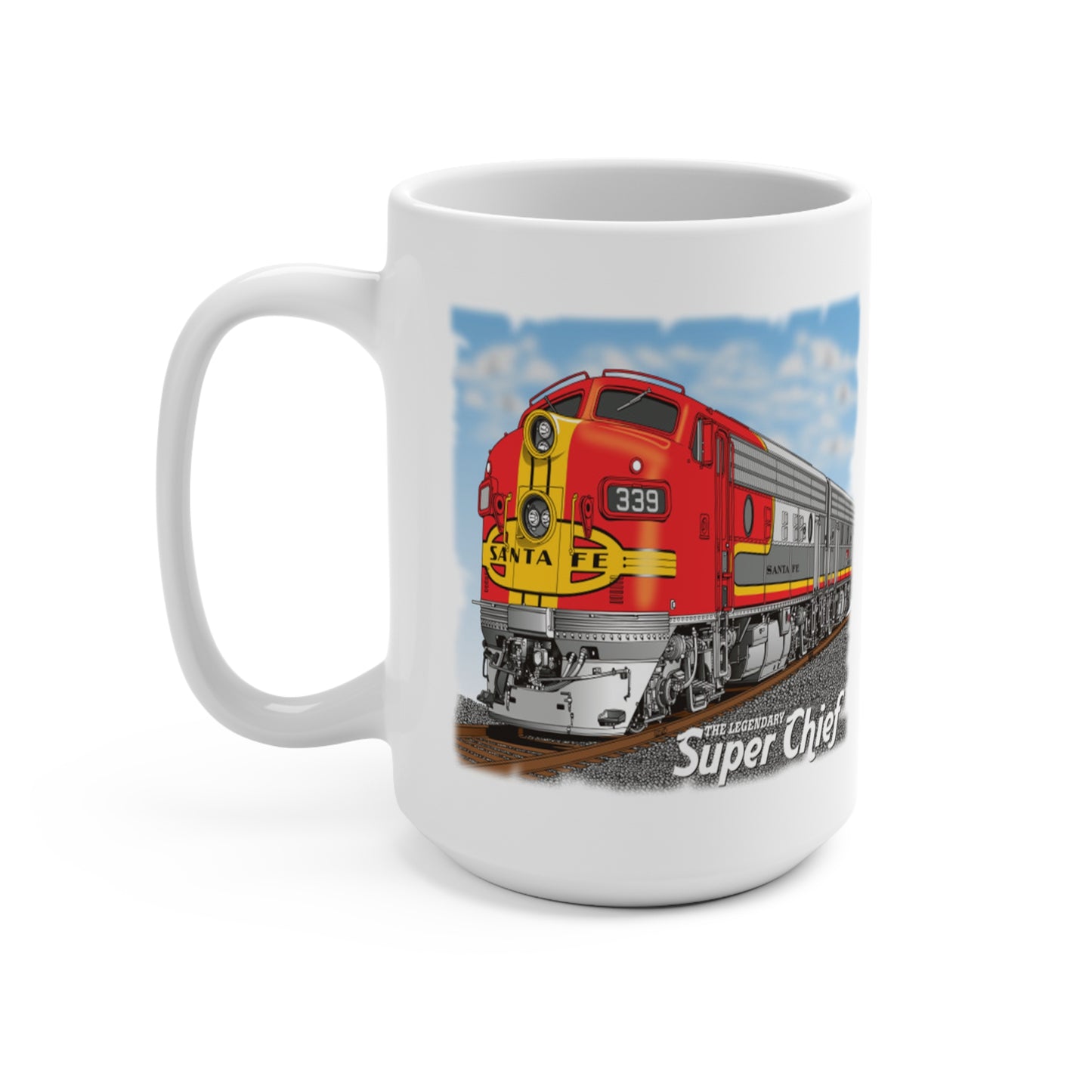 The Legendary Super Chief Railroad Mug 15 OZ. There's never too much coffee! A big size (15oz) white, durable ceramic mug. High quality sublimation printing makes it an appreciated gift to every true coffee or tea lover, who always asks for a refill