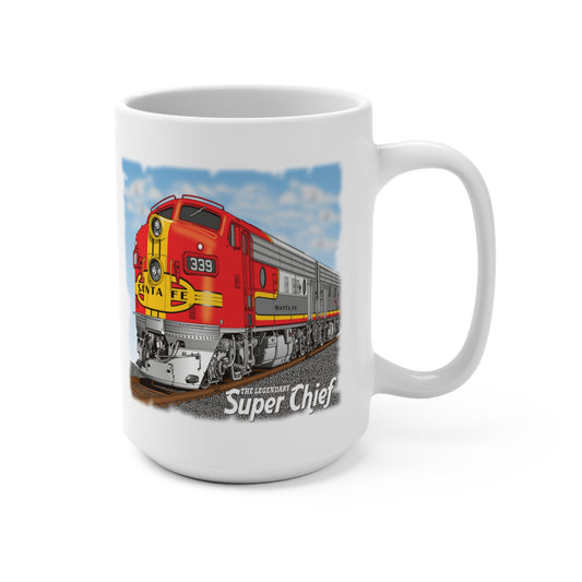 The Legendary Super Chief Railroad Mug 15 OZ. There's never too much coffee! A big size (15oz) white, durable ceramic mug. High quality sublimation printing makes it an appreciated gift to every true coffee or tea lover, who always asks for a refill
