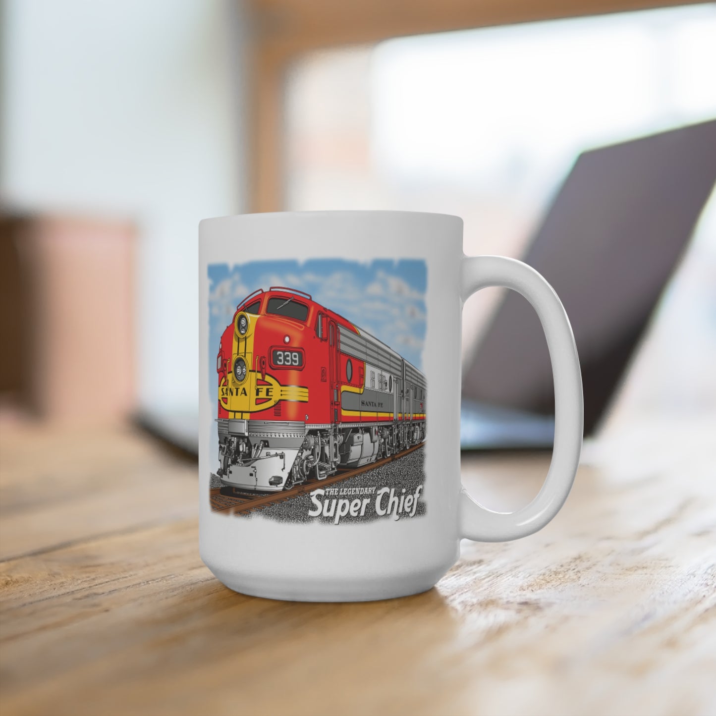 The Legendary Super Chief Railroad Mug 15 OZ. There's never too much coffee! A big size (15oz) white, durable ceramic mug. High quality sublimation printing makes it an appreciated gift to every true coffee or tea lover, who always asks for a refill