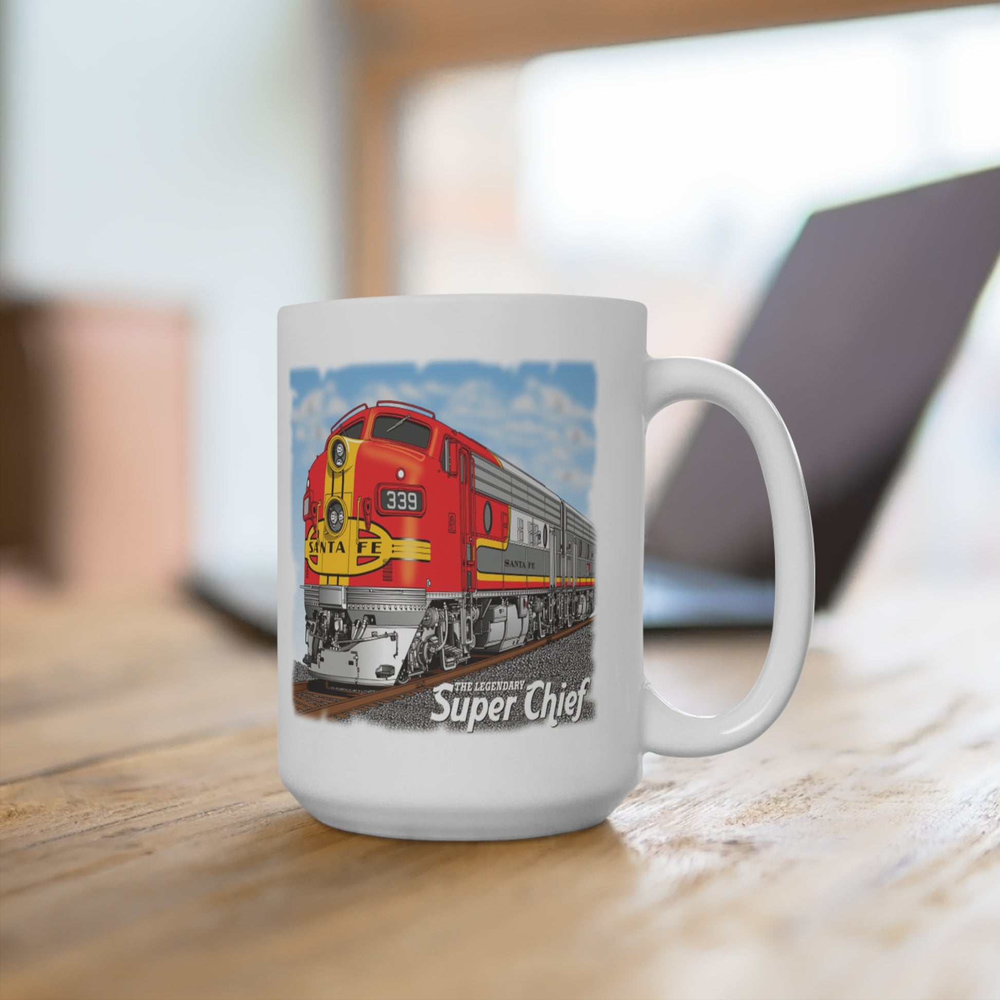 The Legendary Super Chief Railroad Mug 15 OZ. There's never too much coffee! A big size (15oz) white, durable ceramic mug. High quality sublimation printing makes it an appreciated gift to every true coffee or tea lover, who always asks for a refill