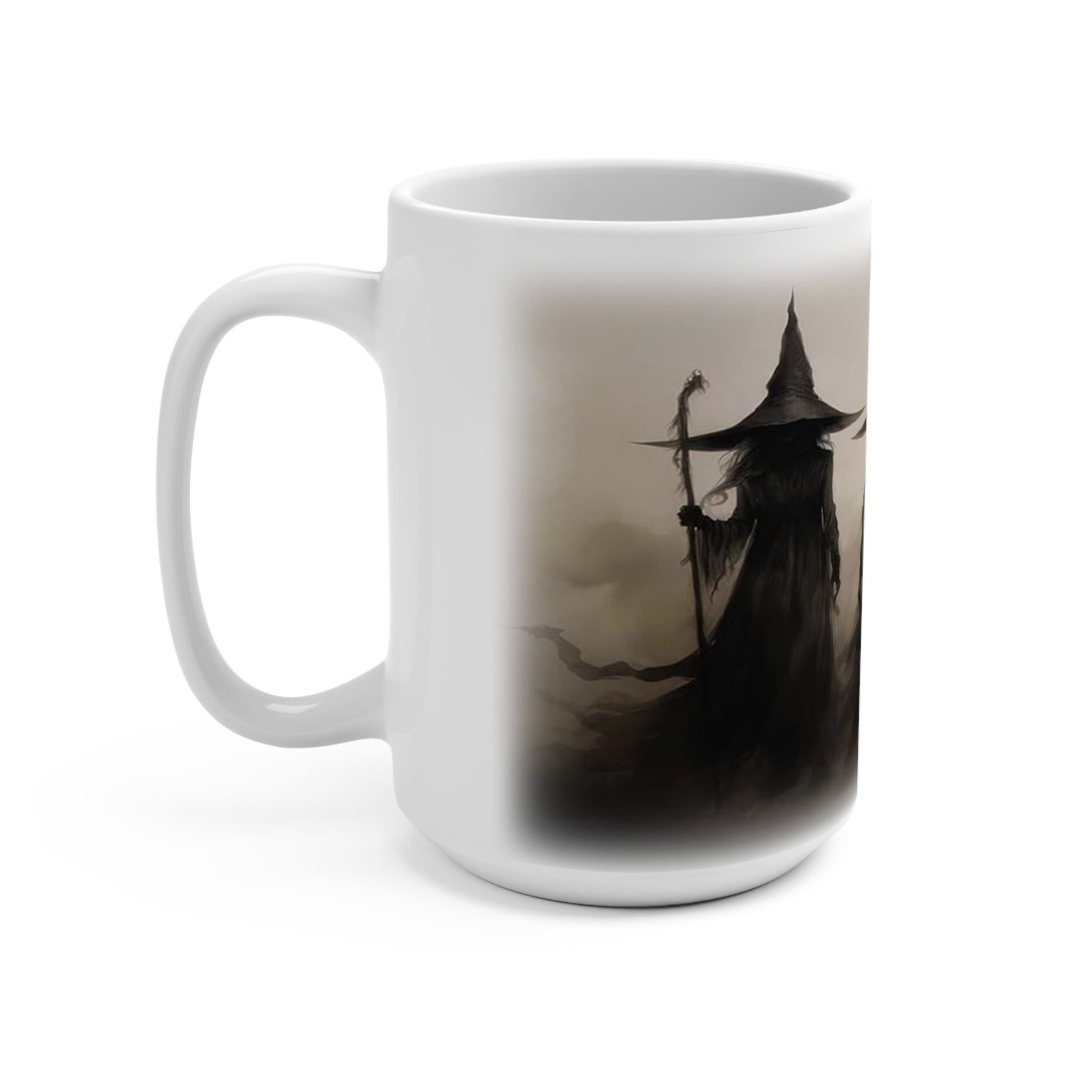 Bring a haunting touch to your coffee routine with this striking 15 oz ceramic mug featuring three shadowy witches in a moody, mist-filled scene. The dark, atmospheric artwork creates a mysterious gothic look that feels perfect for Halloween season, witchy décor lovers, and anyone drawn to eerie fantasy art.